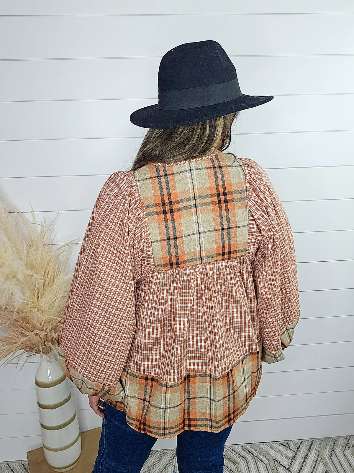 RUST/TAN PLAID CONTRAST BOHO TOP