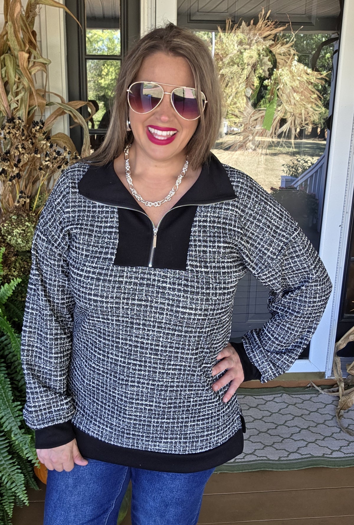 BLACK CHECK TWEED QUARTER ZIP PULLOVER