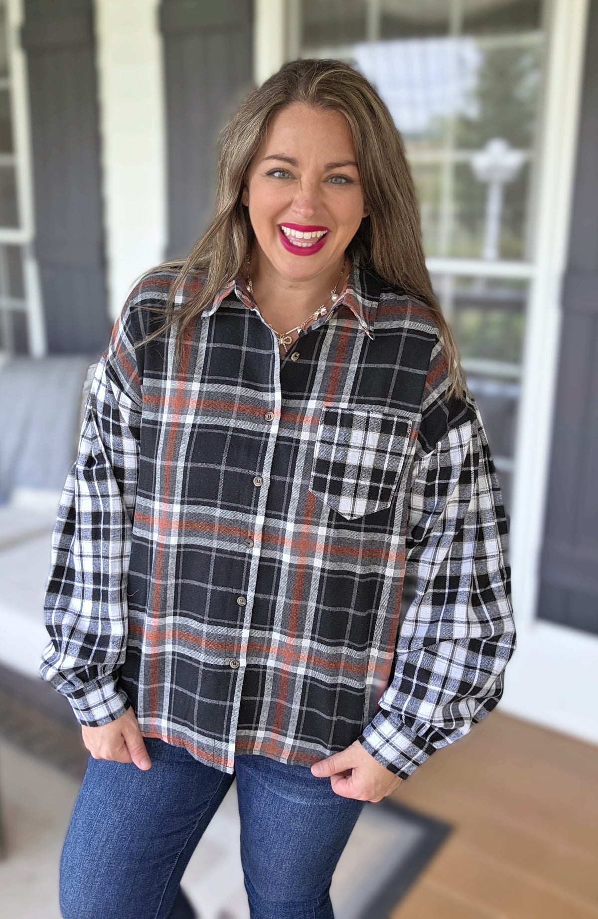 BLACK MIXED PLAID BUTTON DOWN TOP