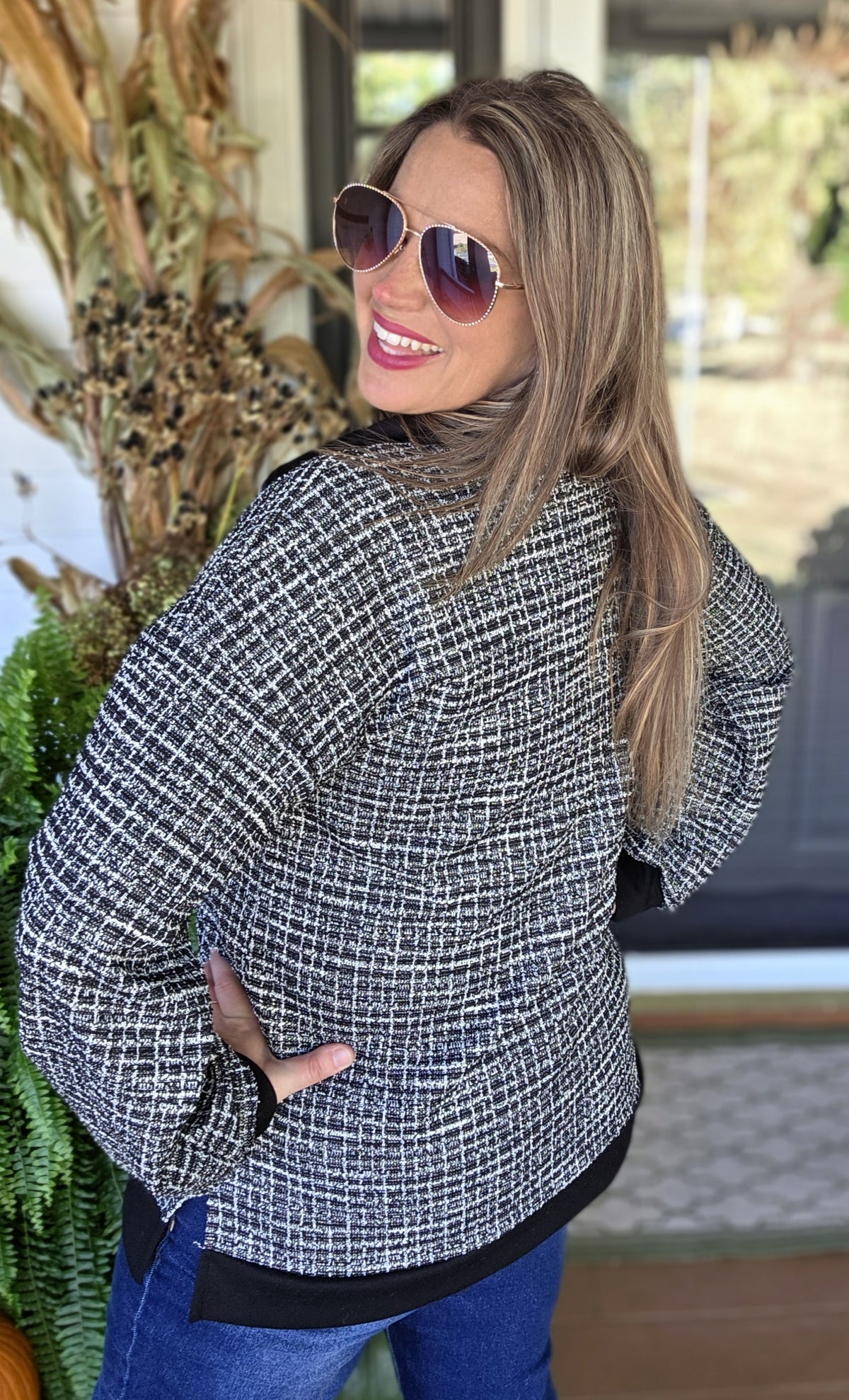 BLACK CHECK TWEED QUARTER ZIP PULLOVER