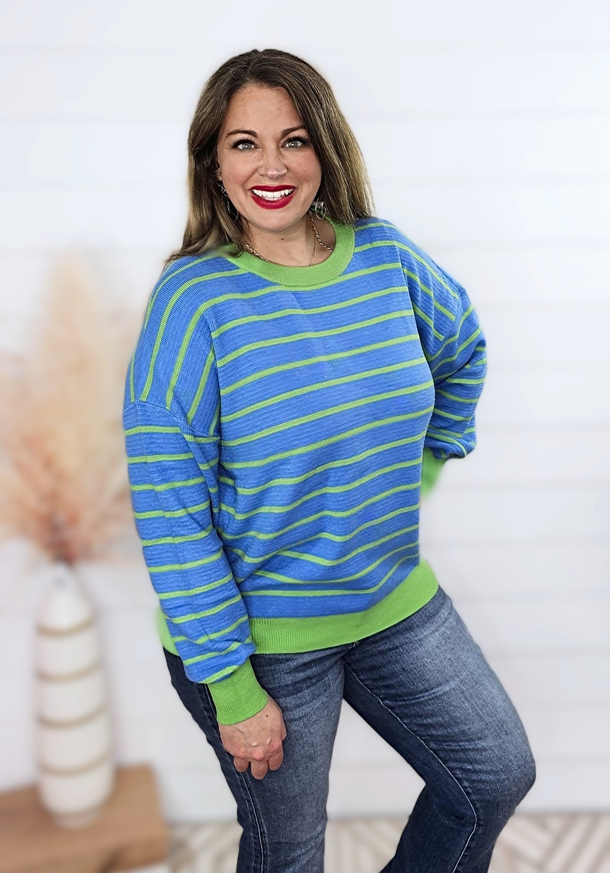 BLUE/GREEN STRIPED KNIT LOOSE TOP