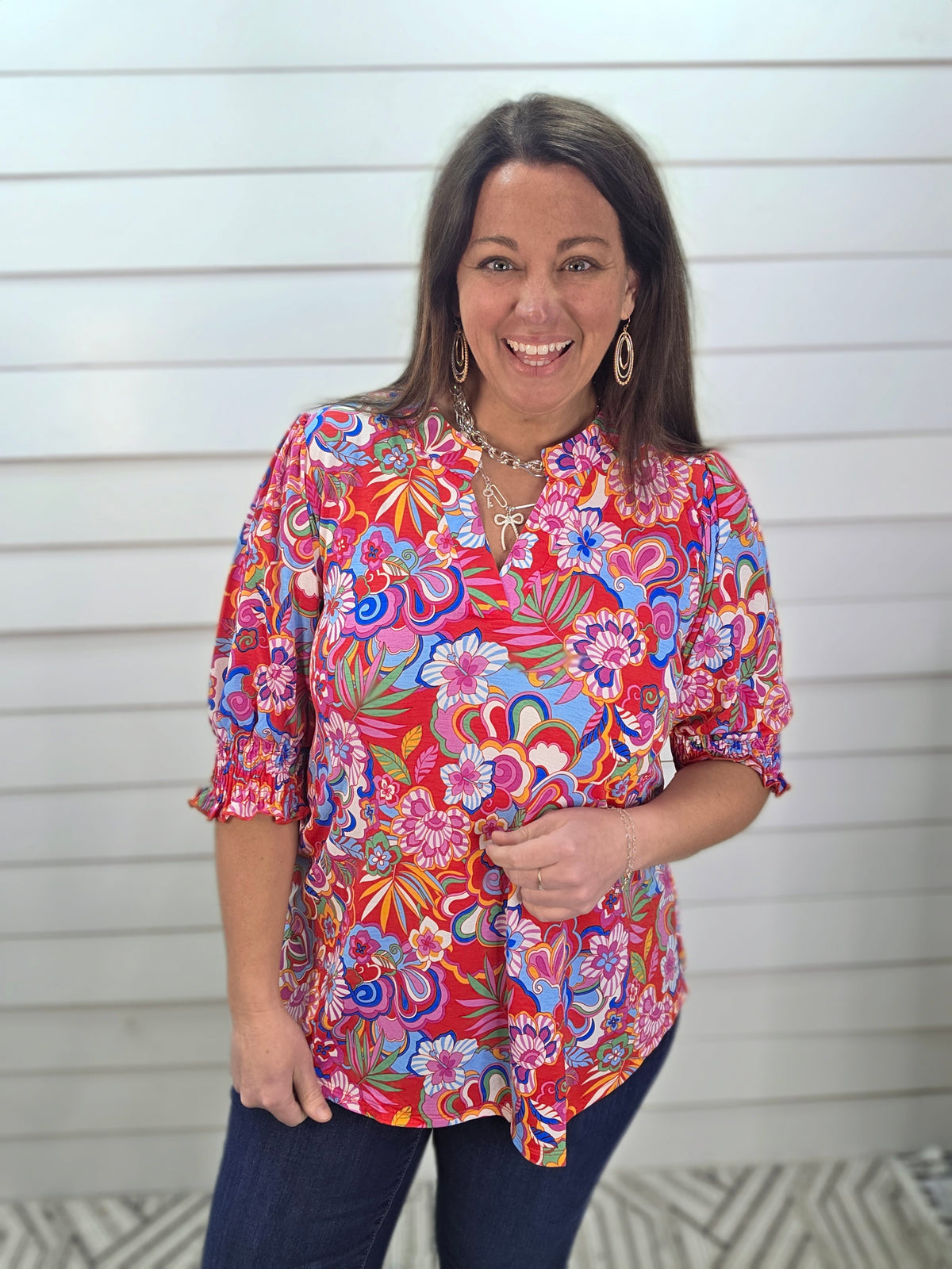 DEAR SCARLETT SMOCKED TOP - RED MULTI COLOR PRINTED