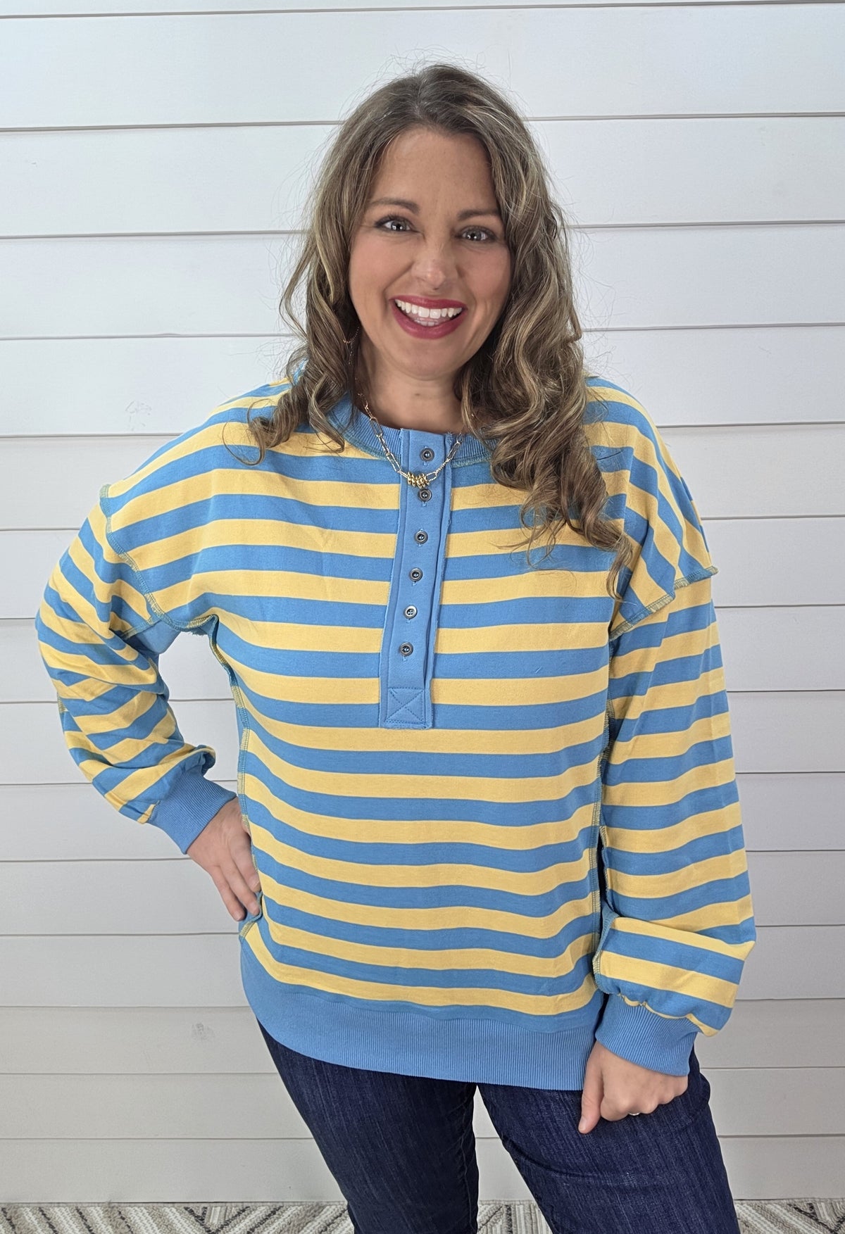 YELLOW/BLUE STRIPED FRENCH TERRY HENLEY PULLOVER