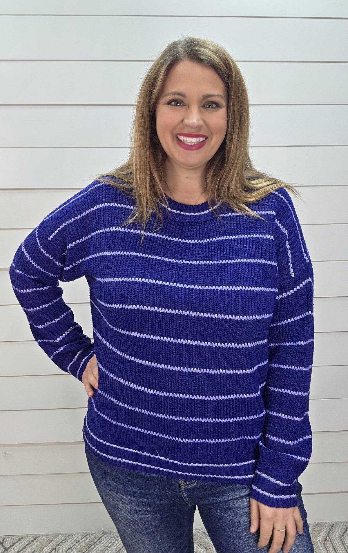 NAVY Texture Striped, Long Sleeve, Loose Fit, Crew Neck Sweater