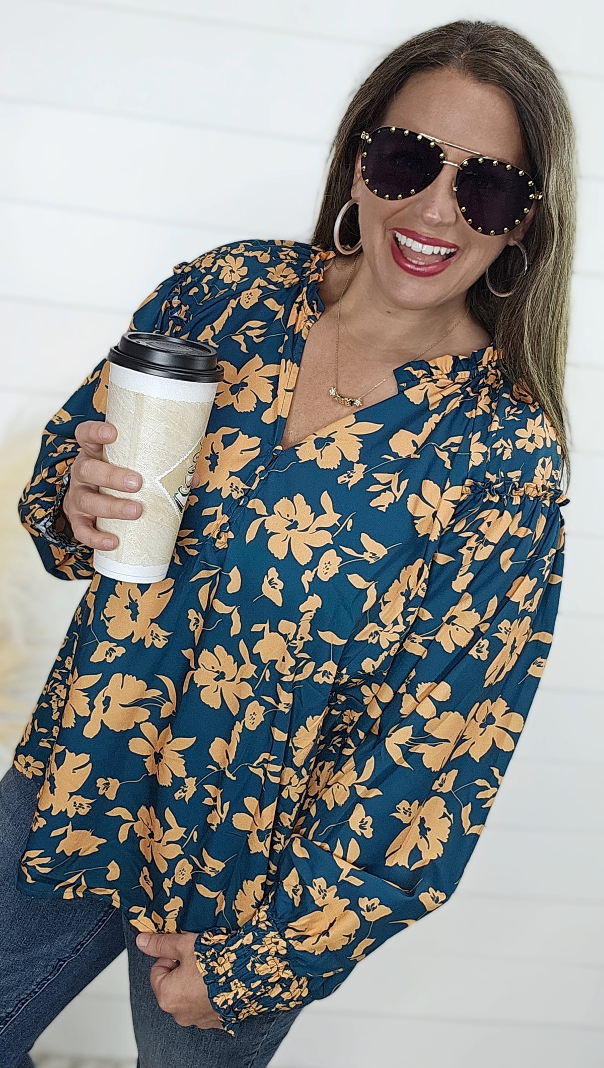 TEAL /ORANGE FLORAL BUTTON BLOUSE