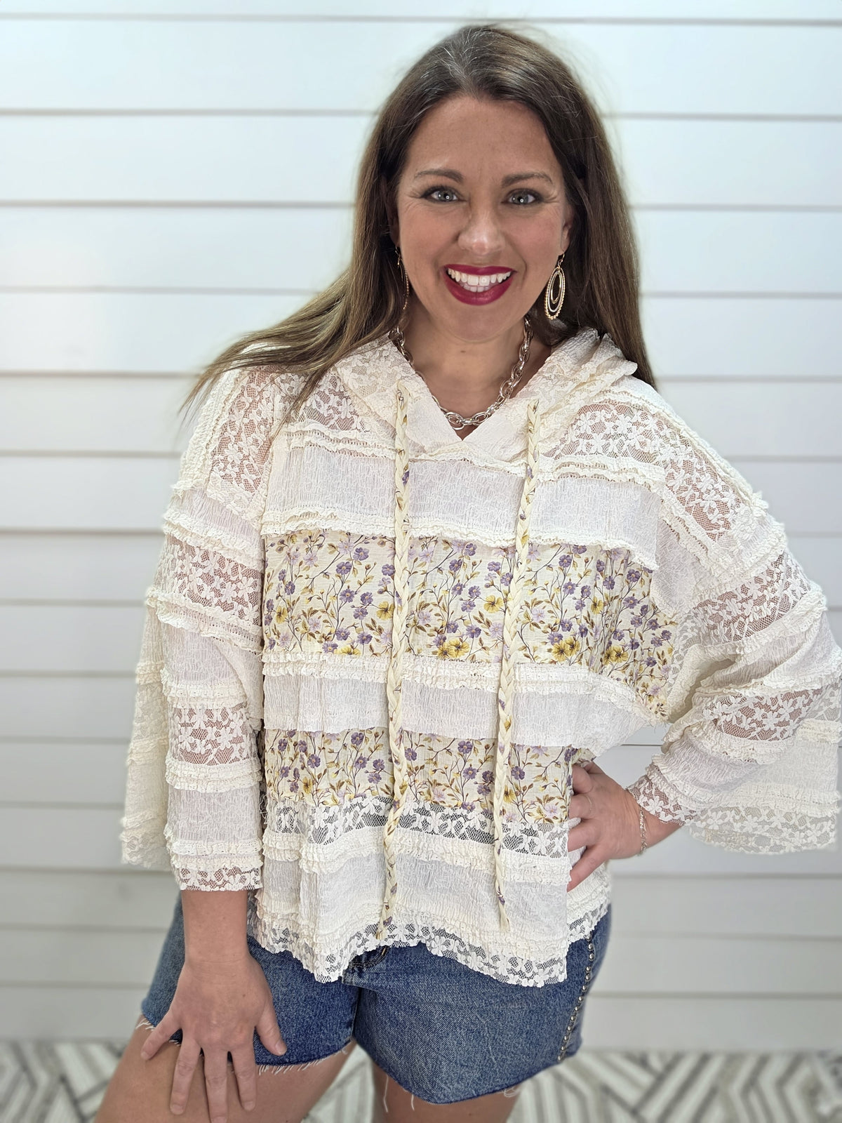 POL FLORAL/CREAM LACE COLORBLOCK LIGHT WEIGHT HOODED TOP