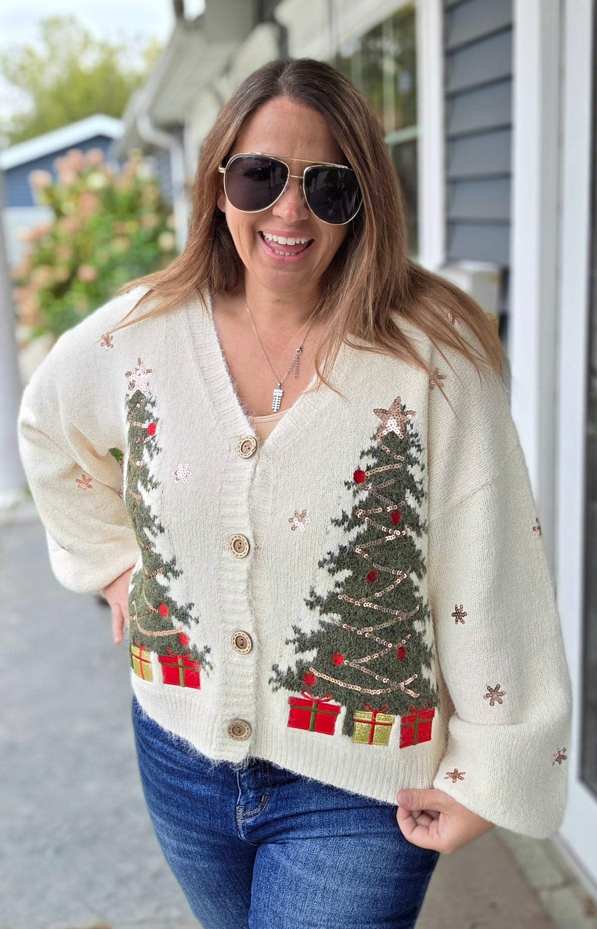 IVORY CHRISTMAS TREE V NECK BUTTON OVERSIZED CARDIGAN