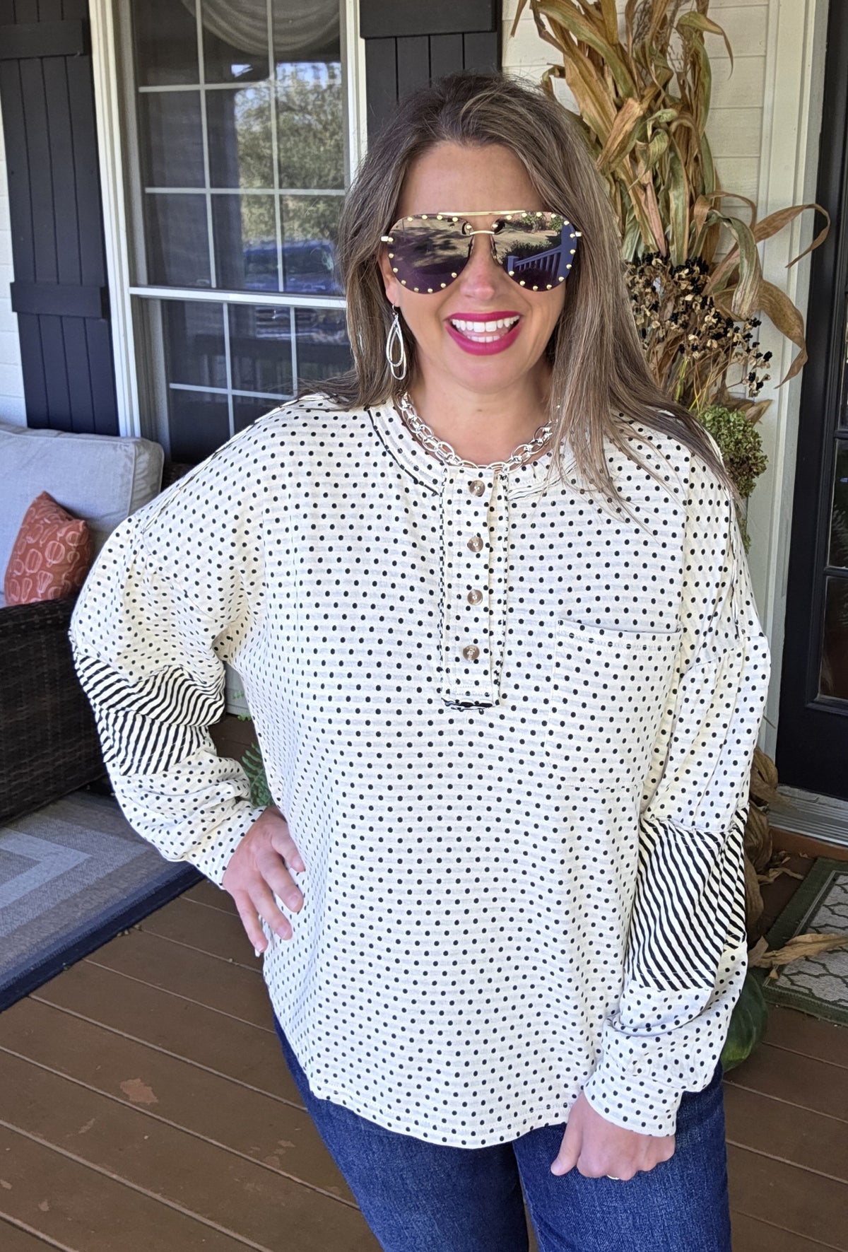 CREAM/BLACK POLKADOT/STRIPED KNIT OVERSIZED TOP