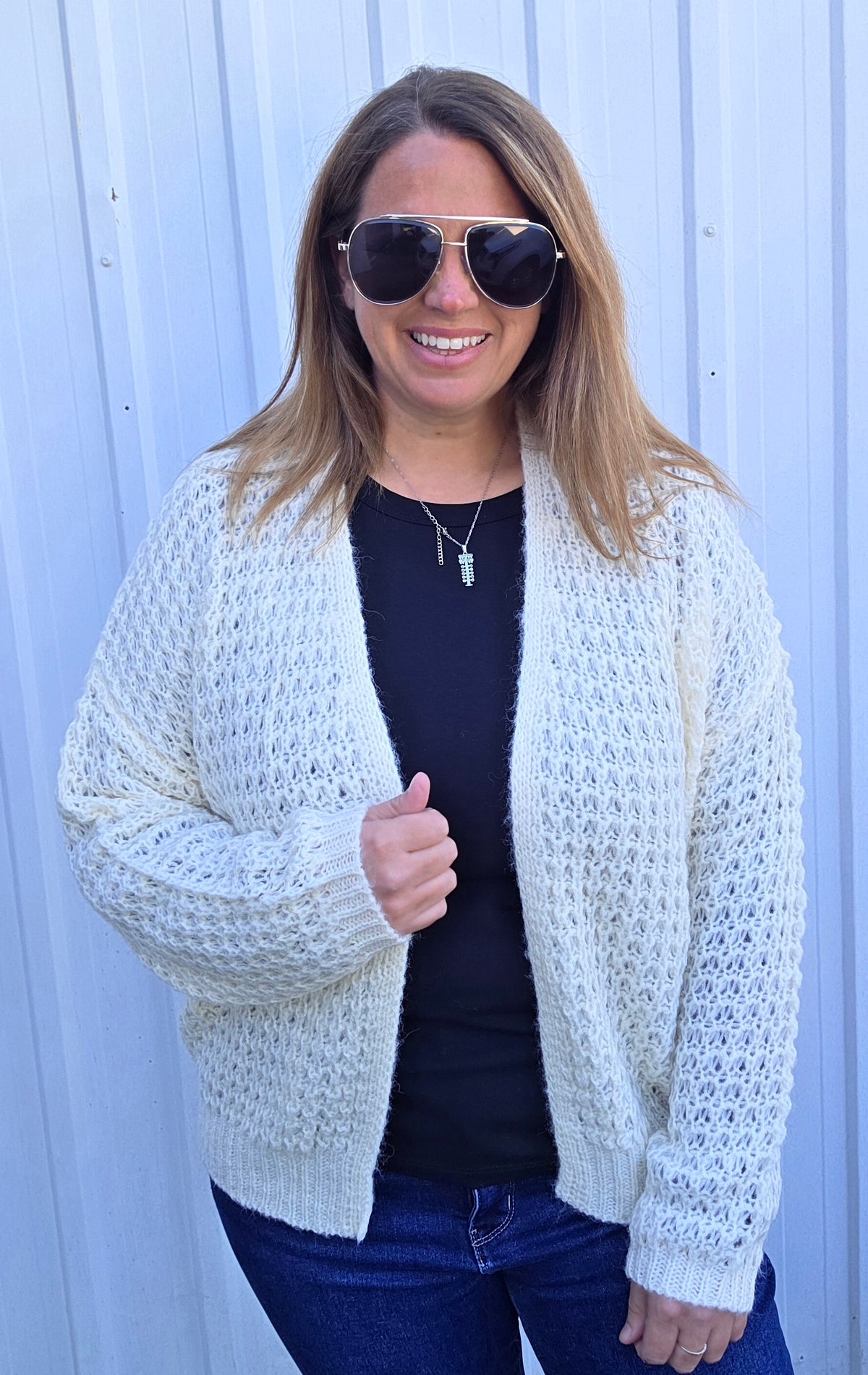 Ivory Open Front, Long Sleeve, Open Weave Waffle Textured Cardigan