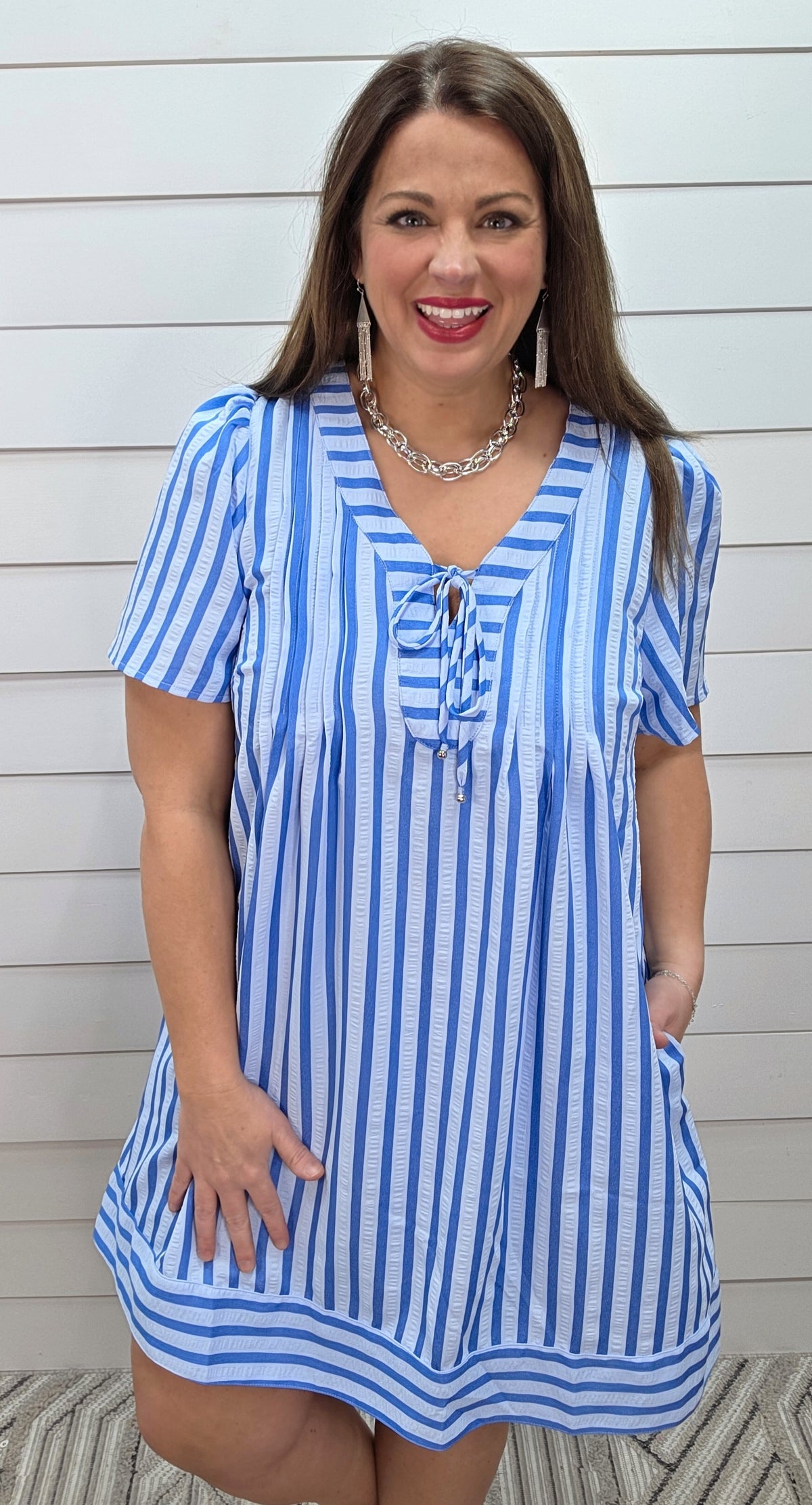BLUE VERTICAL STRIPED PEASANT TIE DRESS W/ POCKETS