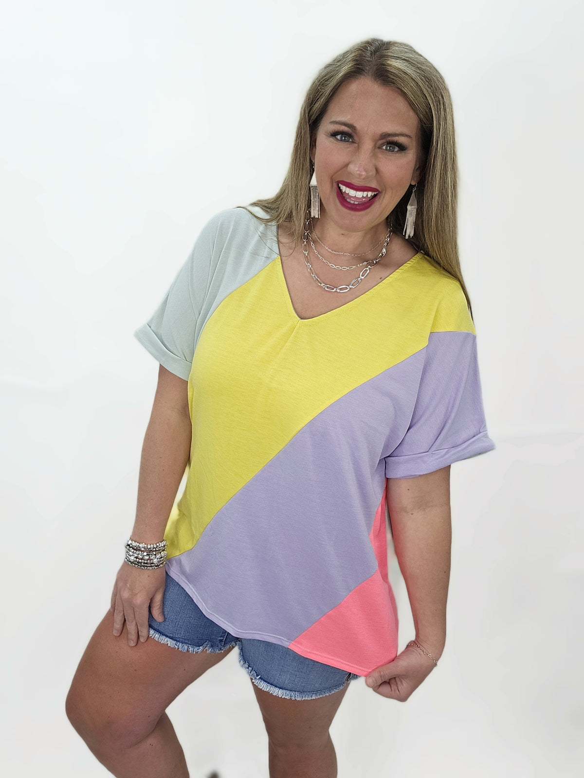MULTI V NECK COLORBLOCK FRENCH TERRY CUFFED SLEEVE TOP