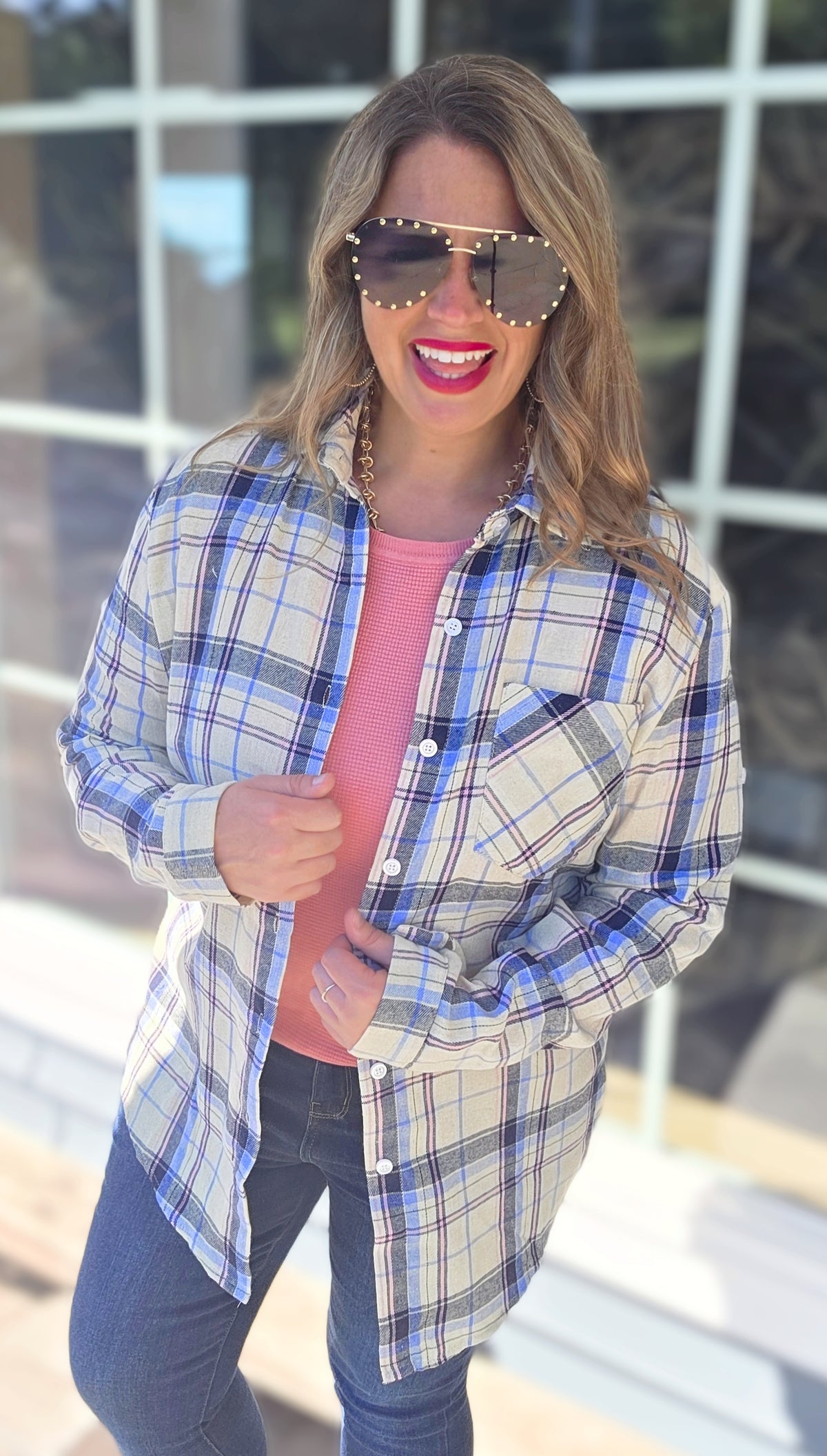 BEIGE/BLUE/PINK PLAID BUTTON UP TOP W/ ROLL UP SLEEVES