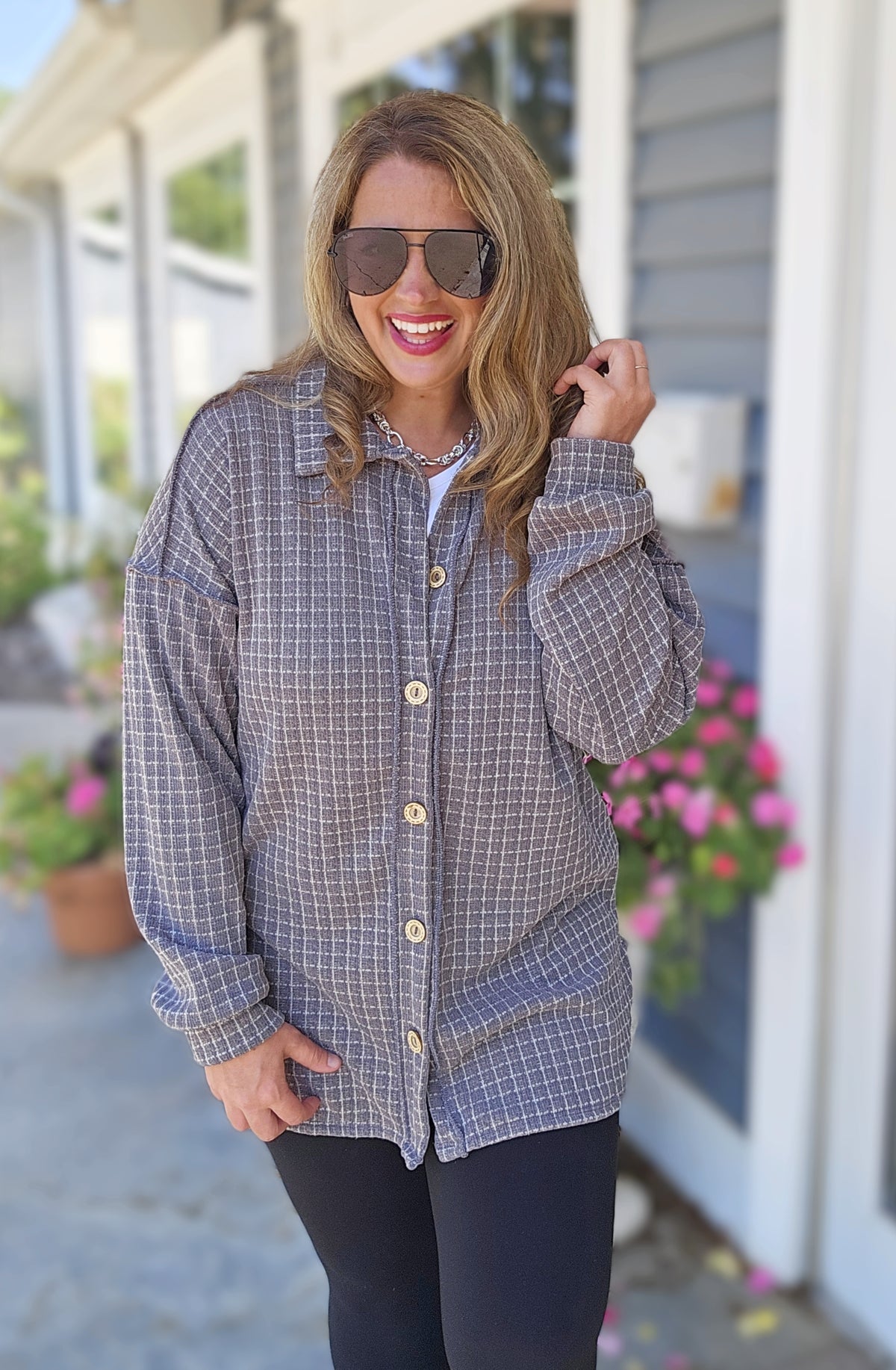 DARK GREY PLAID BUTTON DOWN SOFT KNIT TOP