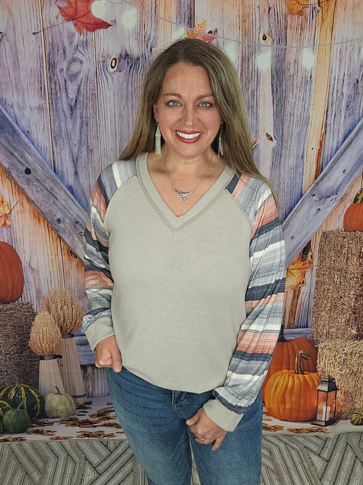 TAUPE BRUSHED KNIT V NECK TOP W/ STRIPED SLEEVES