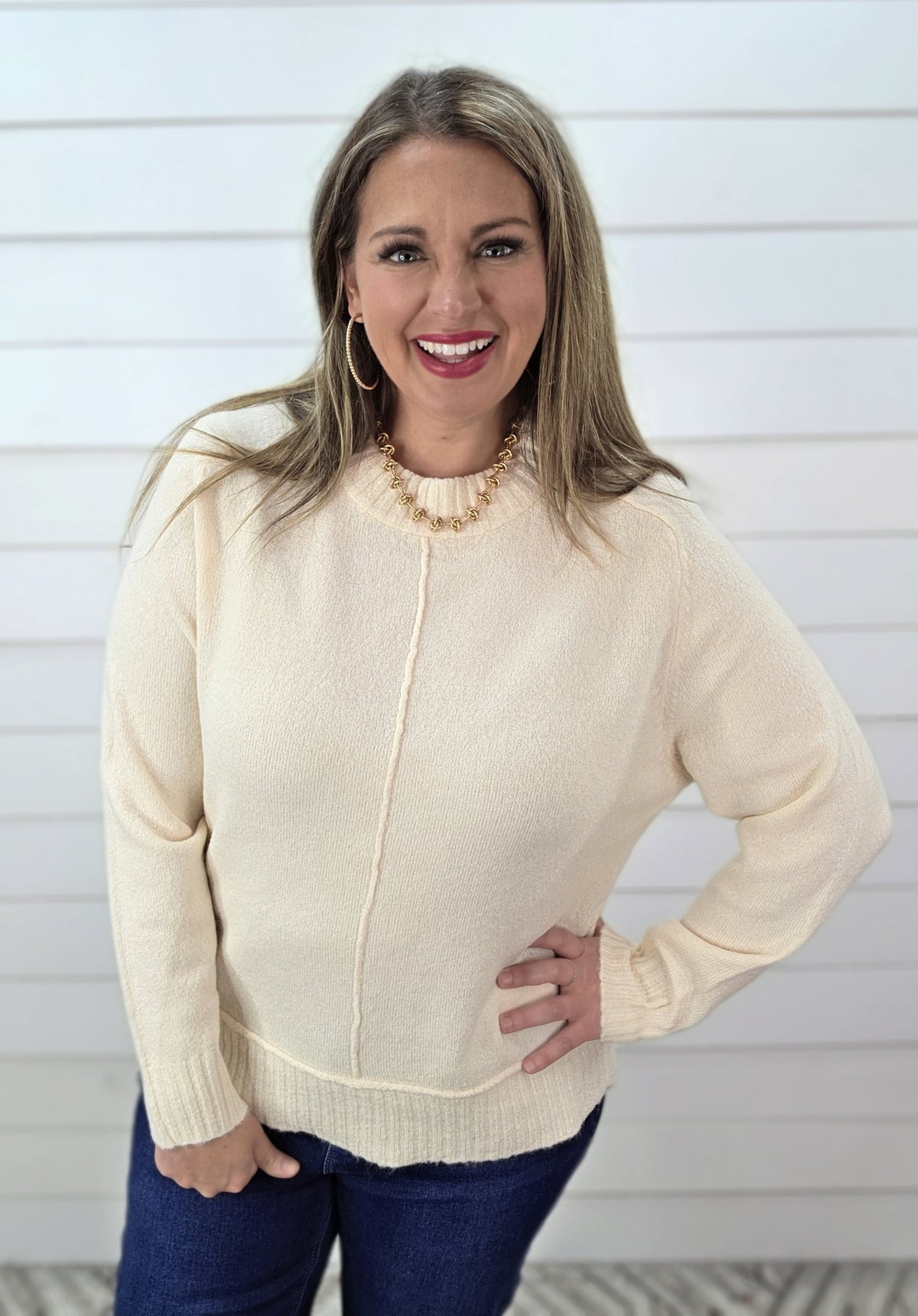 OATMEAL CENTER SEAM RAGLAN SLEEVE CREW NECK PULLOVER SWEATER