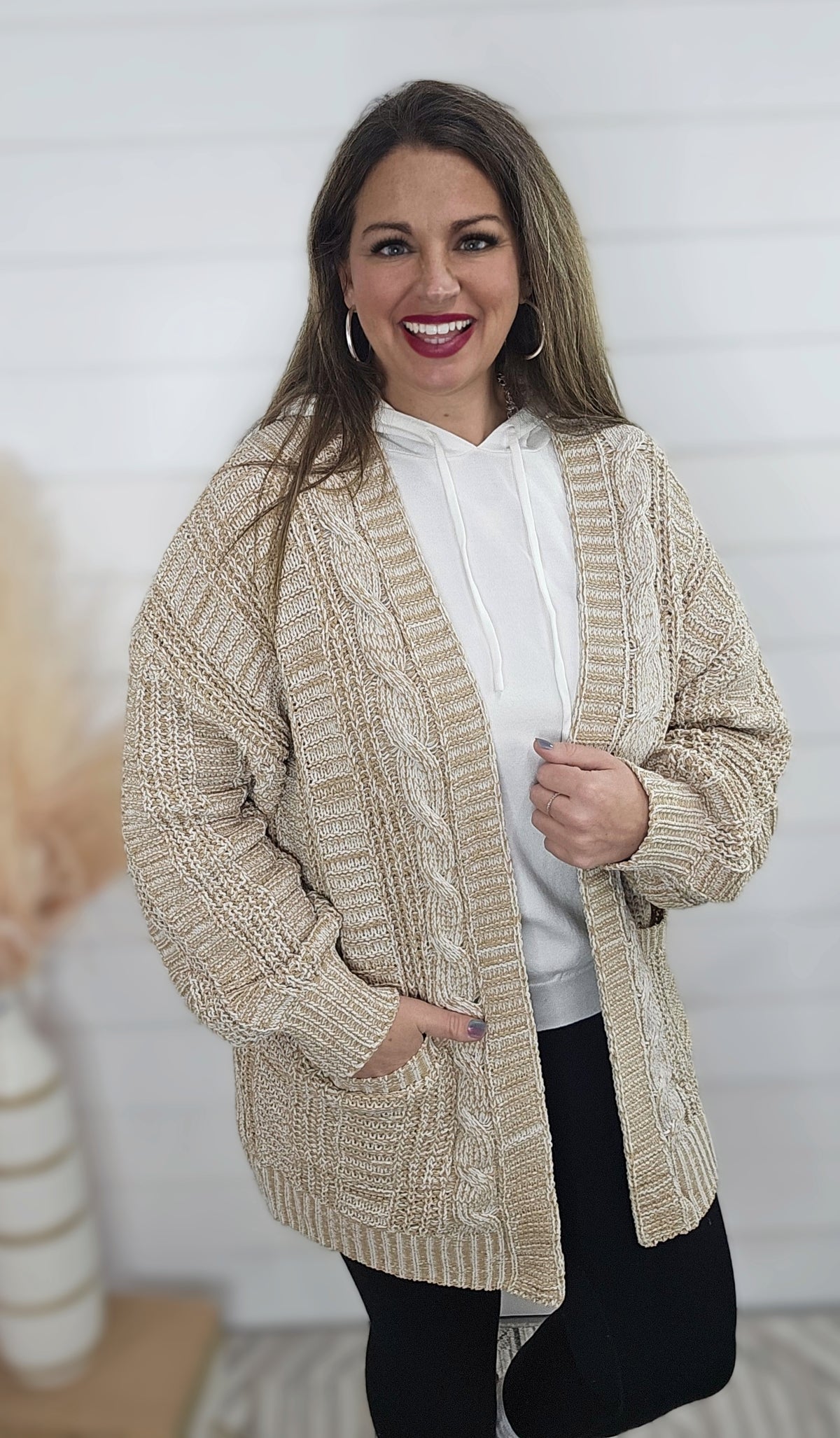 TAUPE TWO TONE OPEN KNIT CARDIGAN