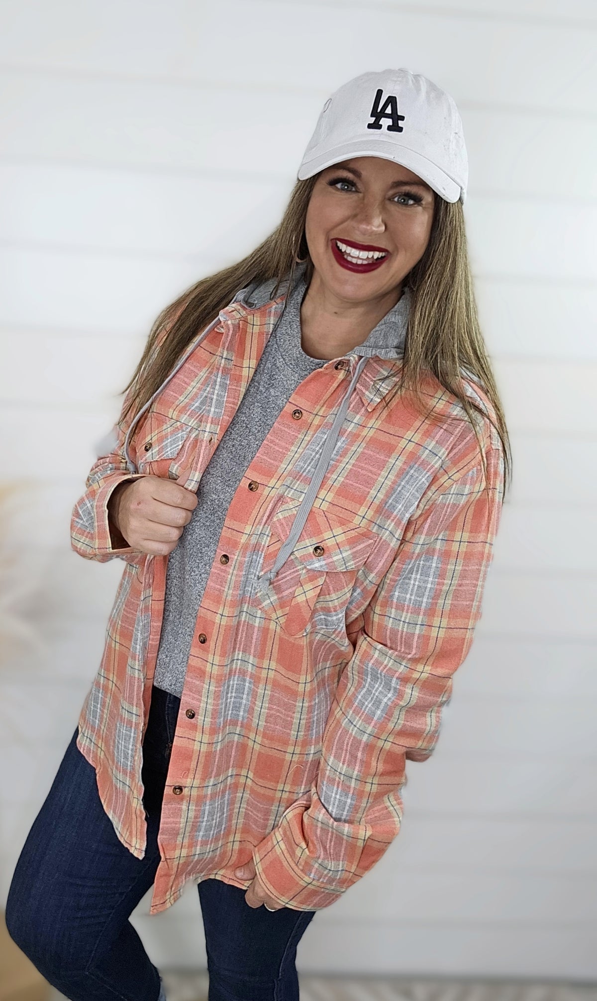 HOT CORAL/GREY PLAID BUTTON DOWN W/ REMOVEABLE HOOD