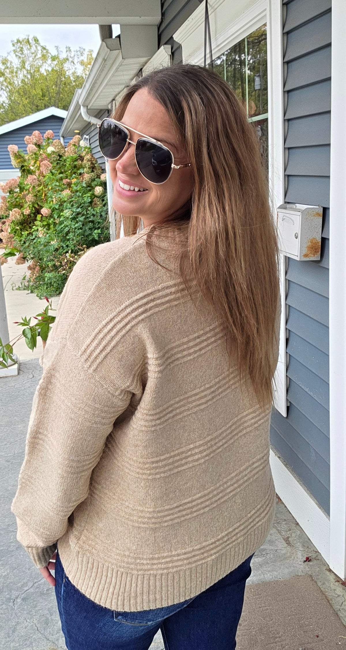 TAUPE Texture Striped, Crew Neck, Long Sleeve Pullover Sweater
