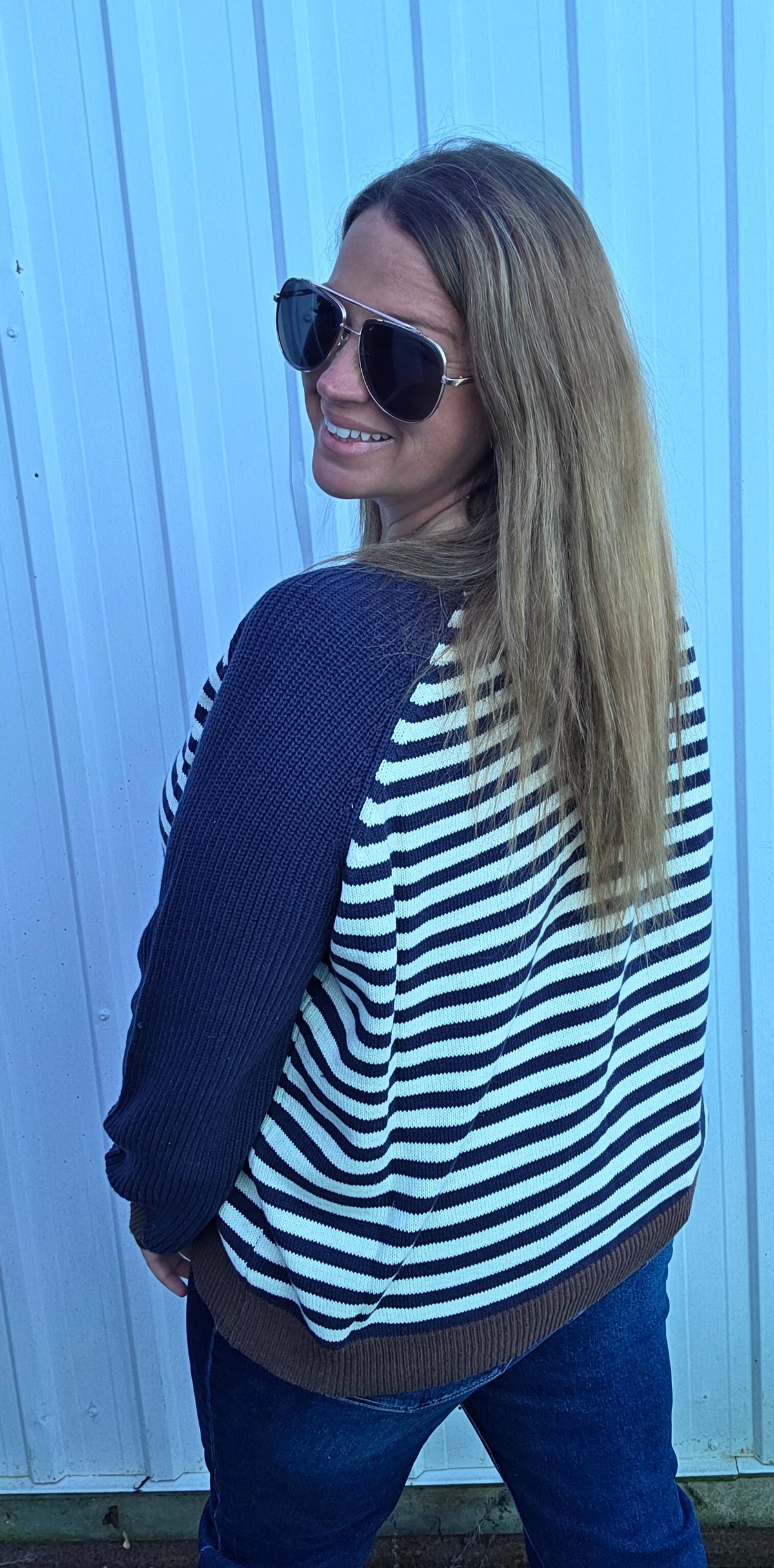 NAVY Striped Colorblock Raglan Long Sleeve Crew Sweater