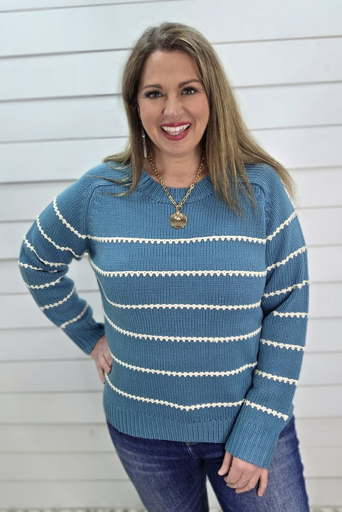 TEAL BLANKET STITCH STRIPED CREW NECK PULLOVER SWEATER