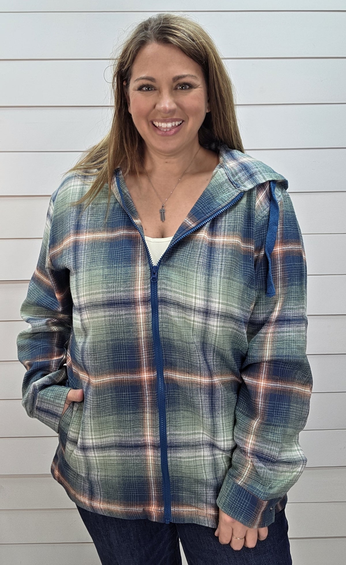 TEAL PLAID ZIP UP HOODED TOP W/ POCKETS