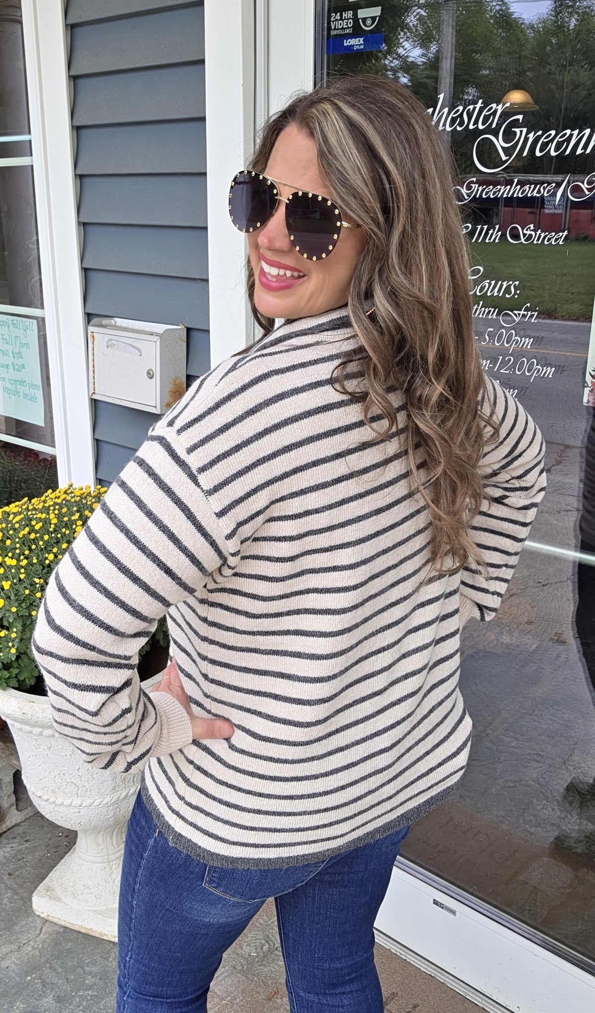 OATMEAL/CHARCOAL STRIPED QUARTER SNAP BUTTON SWEATER