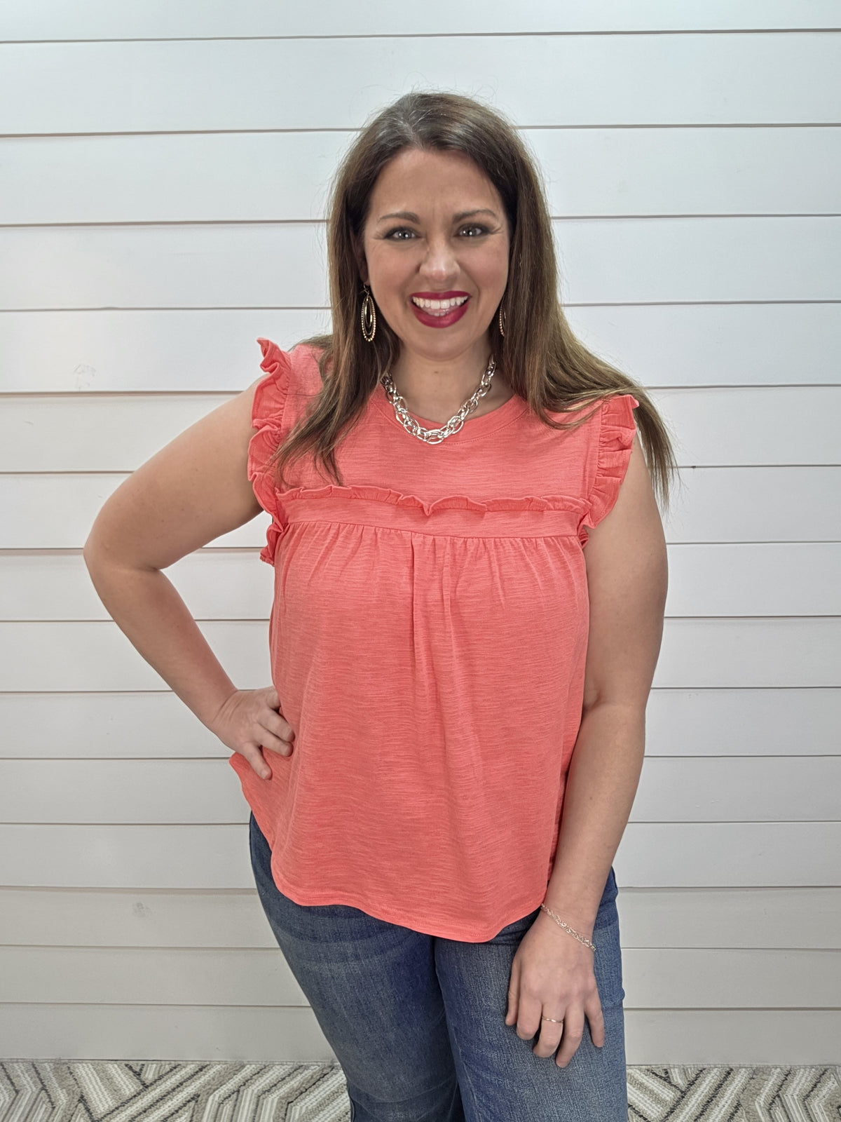 CORAL KNIT RUFFLE DETAIL SLEEVELESS TOP