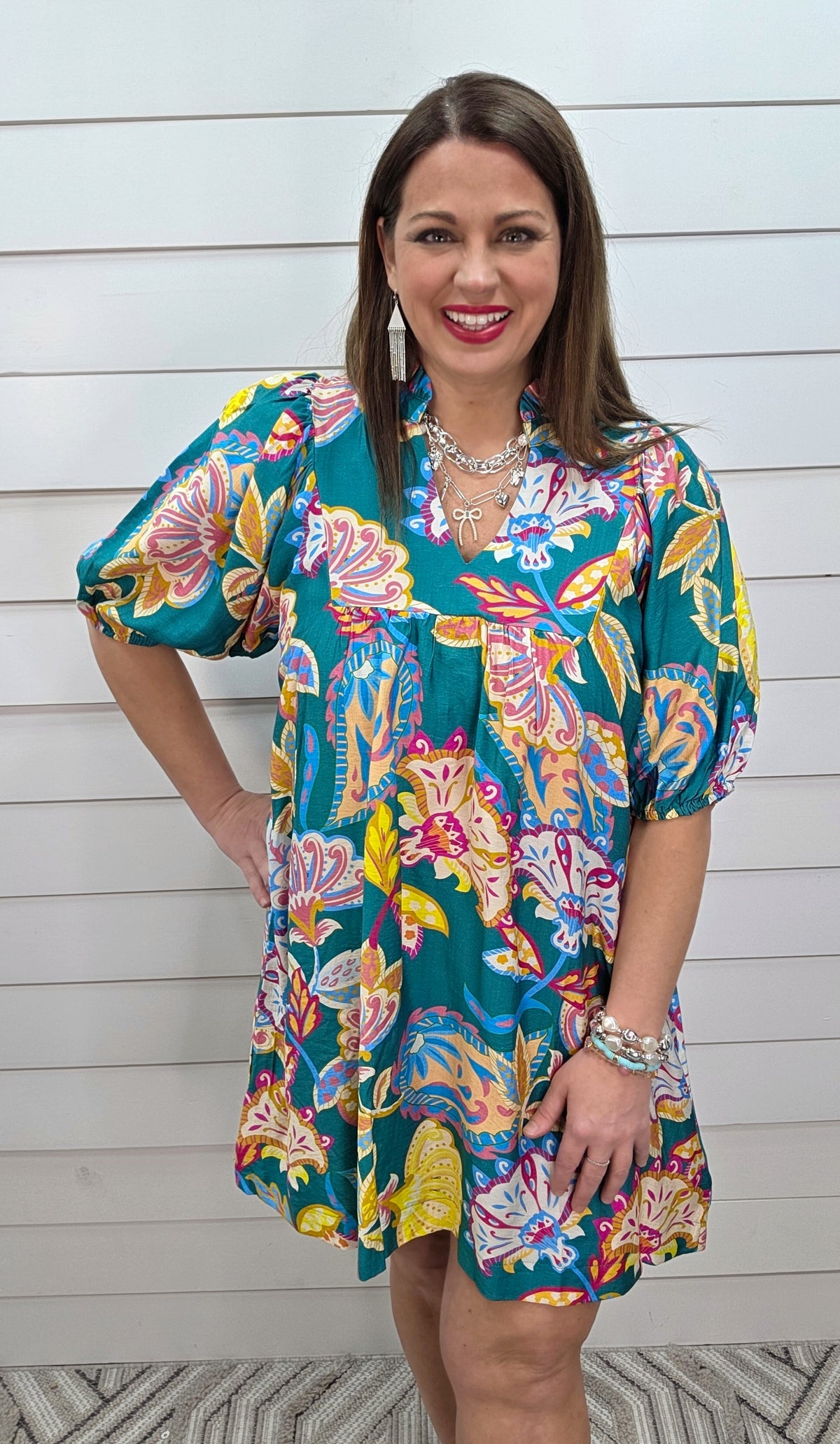 EMERALD MULTI COLOR PRINTED V NECK DRESS