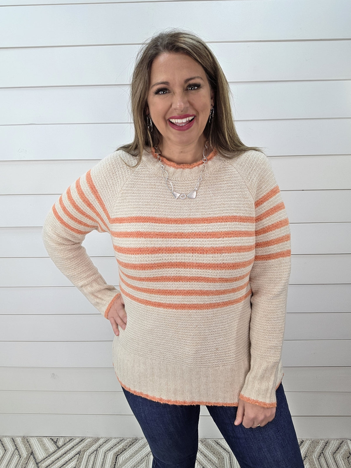 ORANGE TEXTURED STRIPED CONTRAST KNIT SWEATER