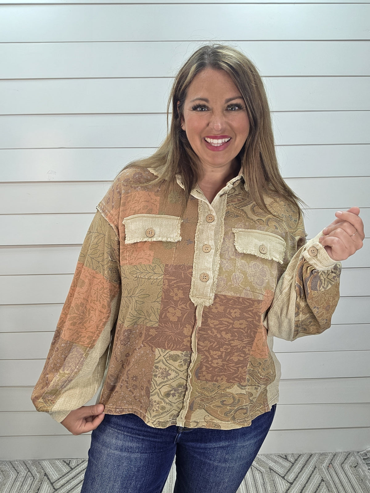HALF BUTTON OVERSIZED PATCHWORK KNIT TOP