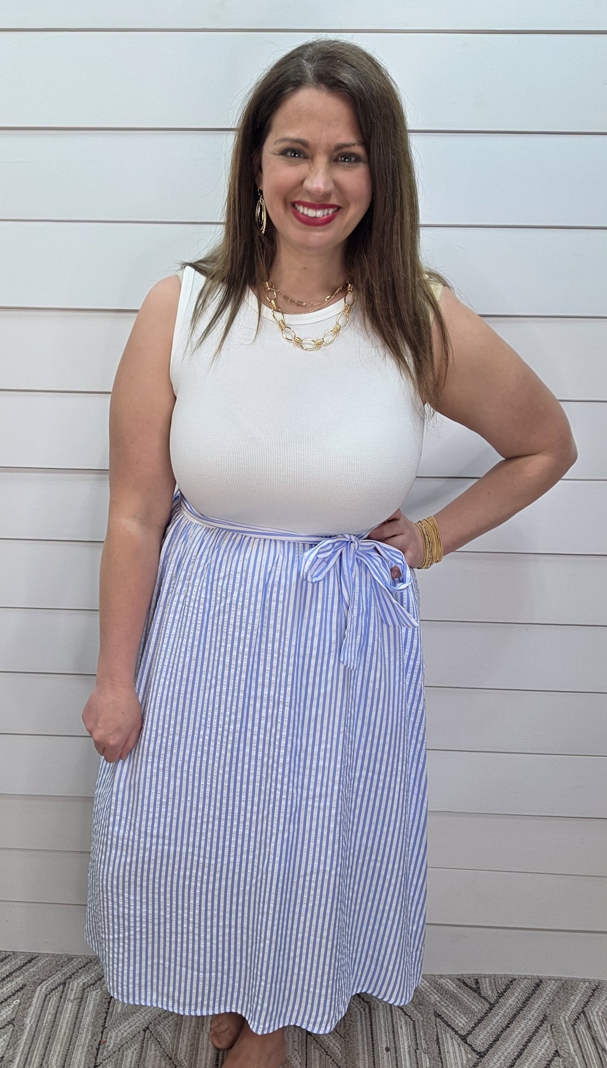 WHITE/SKY BLUE KNIT COMBO STRIPE DRESS