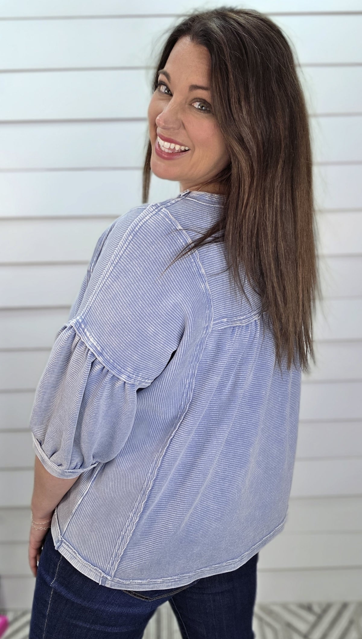 BLUE RIBBED KNIT OVERSIZED MINERAL WASH TOP