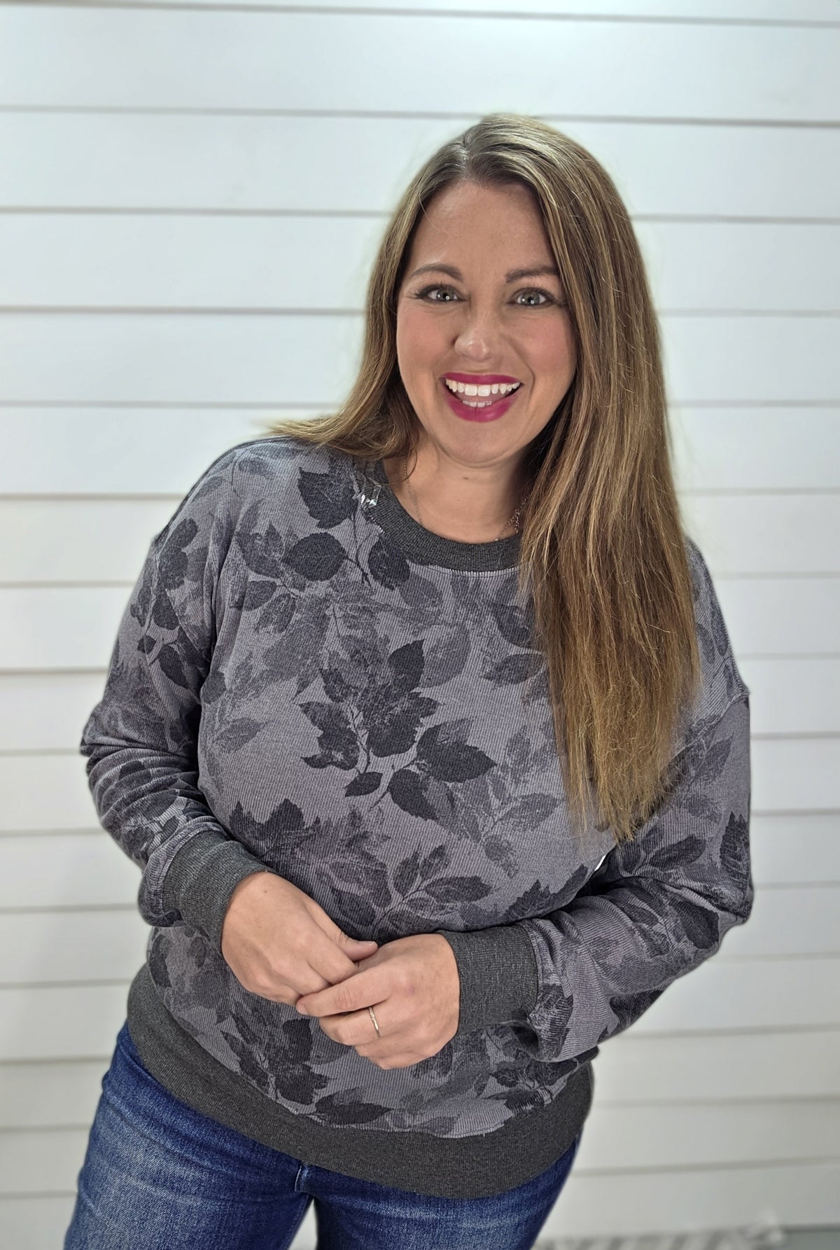 GREY Crew Neck, Long Sleeve, Rib Hacci Floral Printed Top