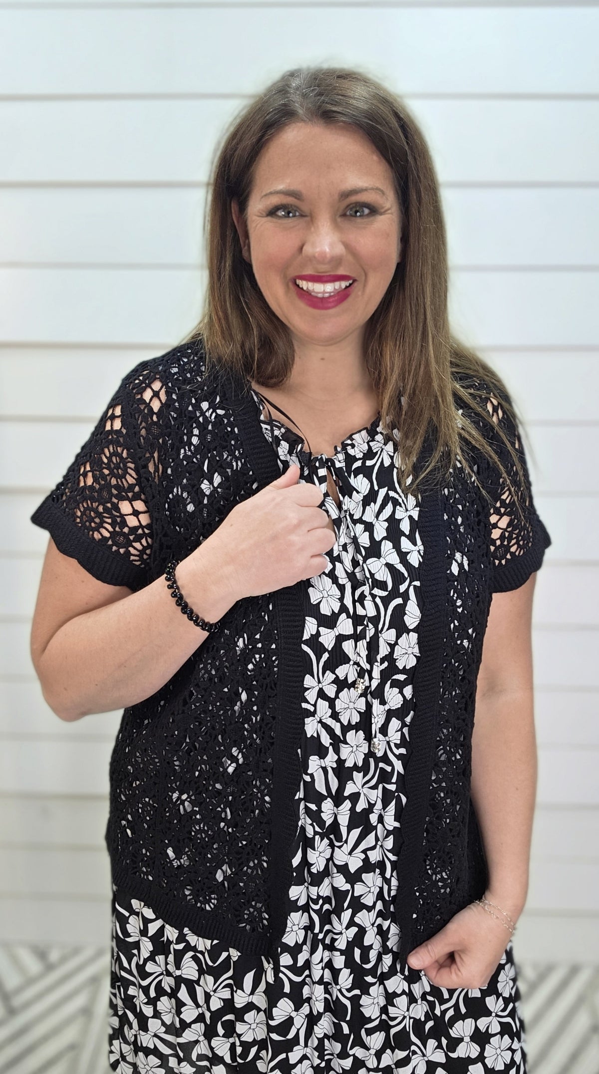 BLACK OPEN CROCHET SHORT SLEEVE CARDIGAN