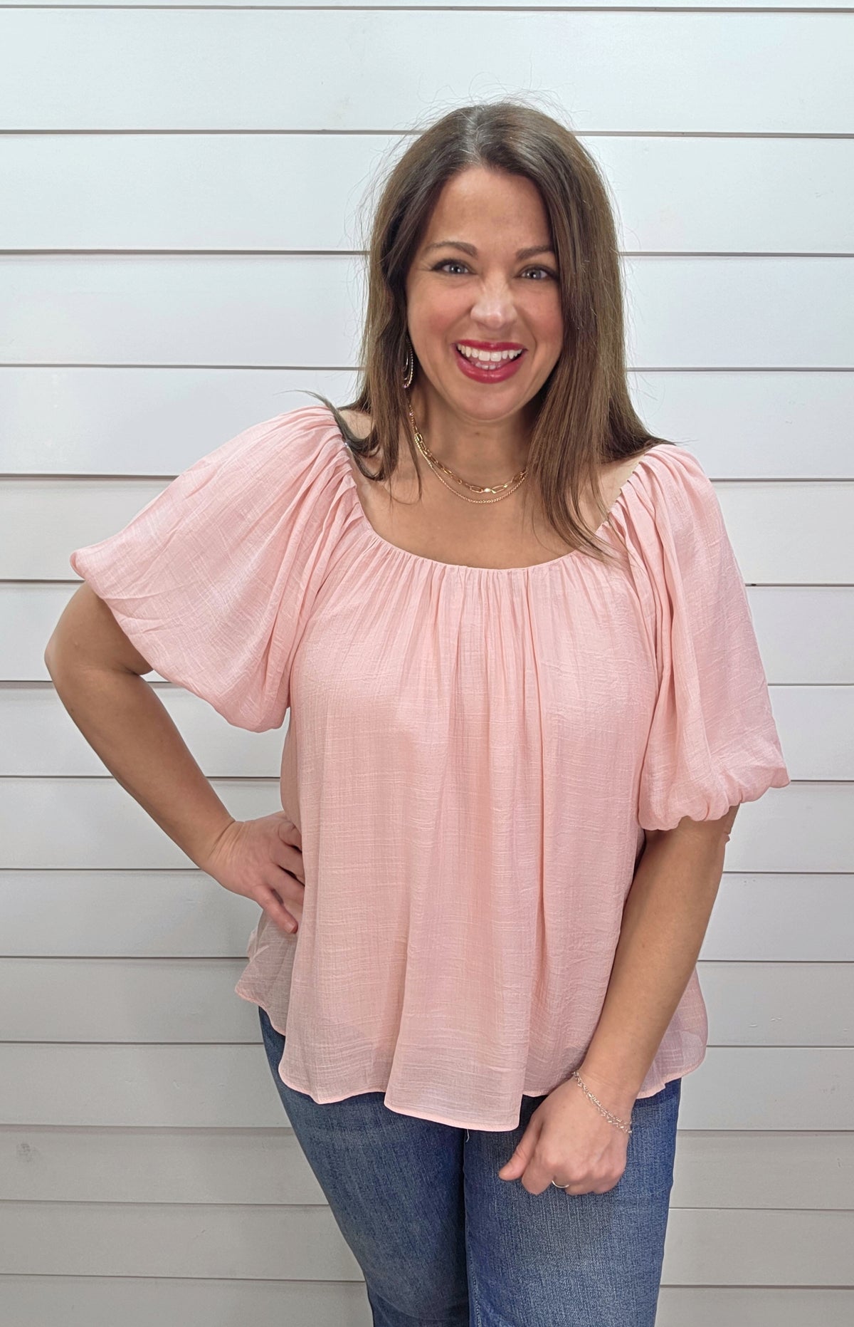 BLUSH FLOWY SCOOP NECK WOVEN TOP