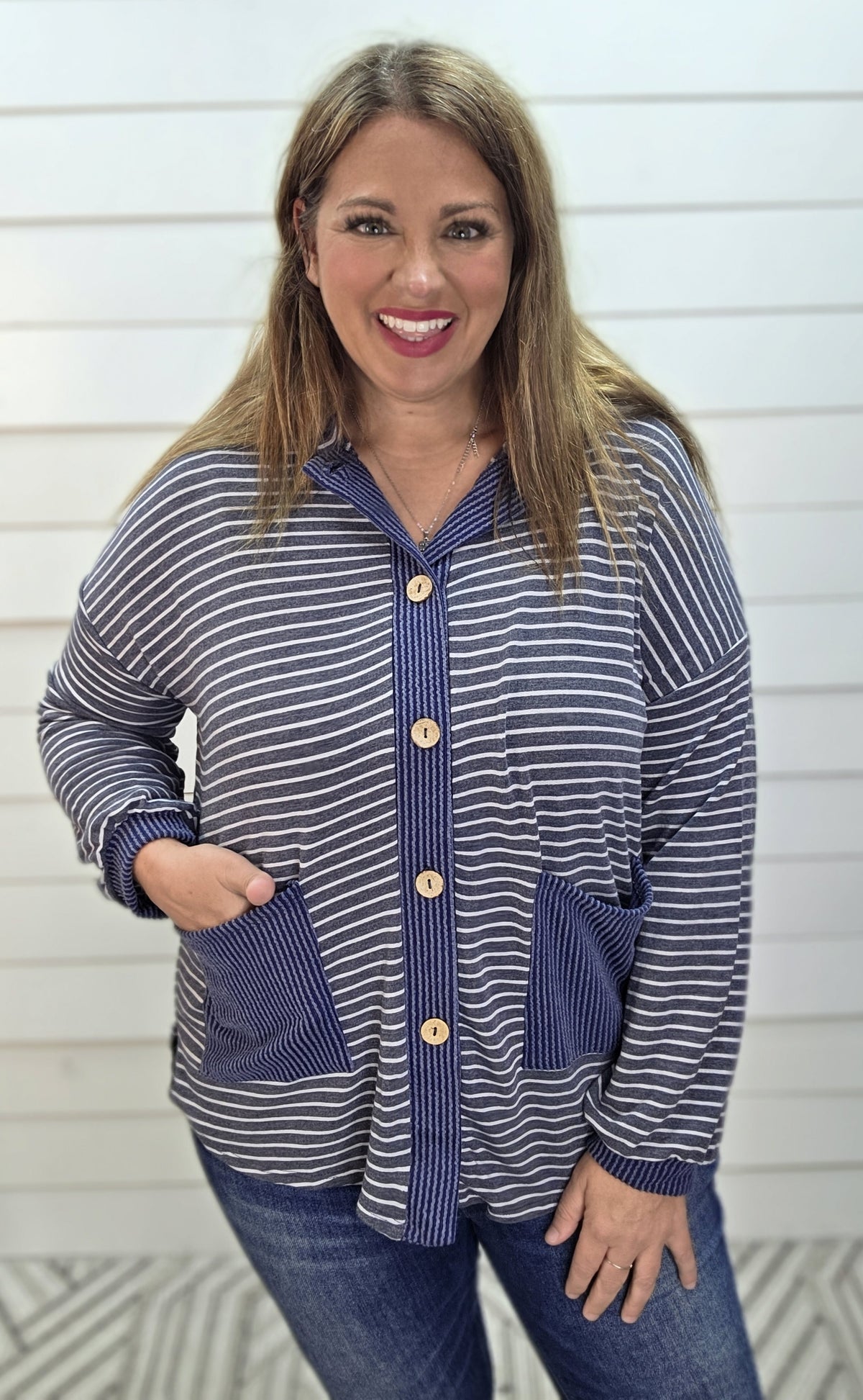 NAVY STRIPED LOOSE FIT BUTTON UP HOODED KNIT TOP
