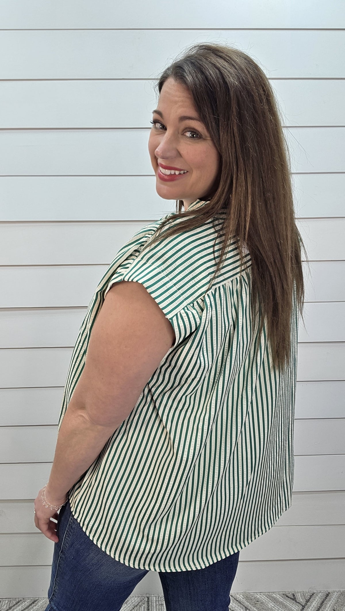 GREEN/CREAM TEXTURED STRIPED DROP SHOULDER WOVEN TOP