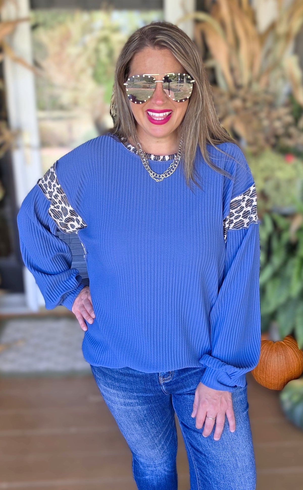 DENIM BLUE RIBBED LEOPARD CONTRAST KNIT TOP