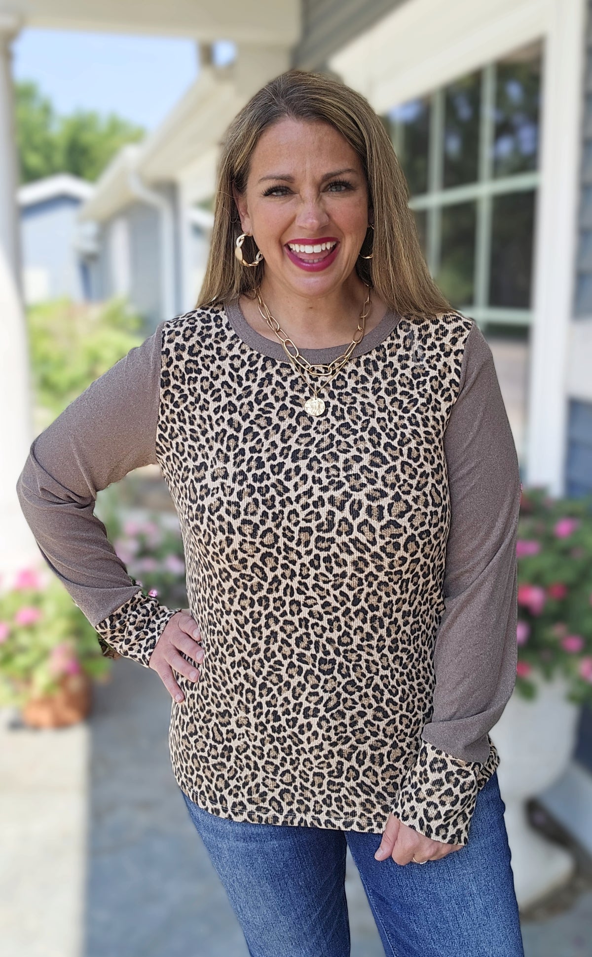 BROWN ANIMAL PRINT CONTRAST LONG SLEEVE KNIT TOP