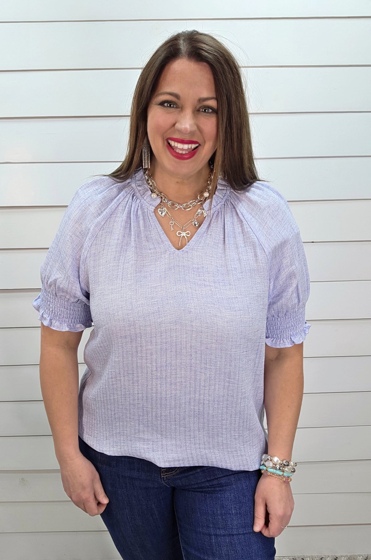 LIGHT BLUE RUFFLED COLLAR V NECK SMOCKED SLEEVE WOVEN TOP