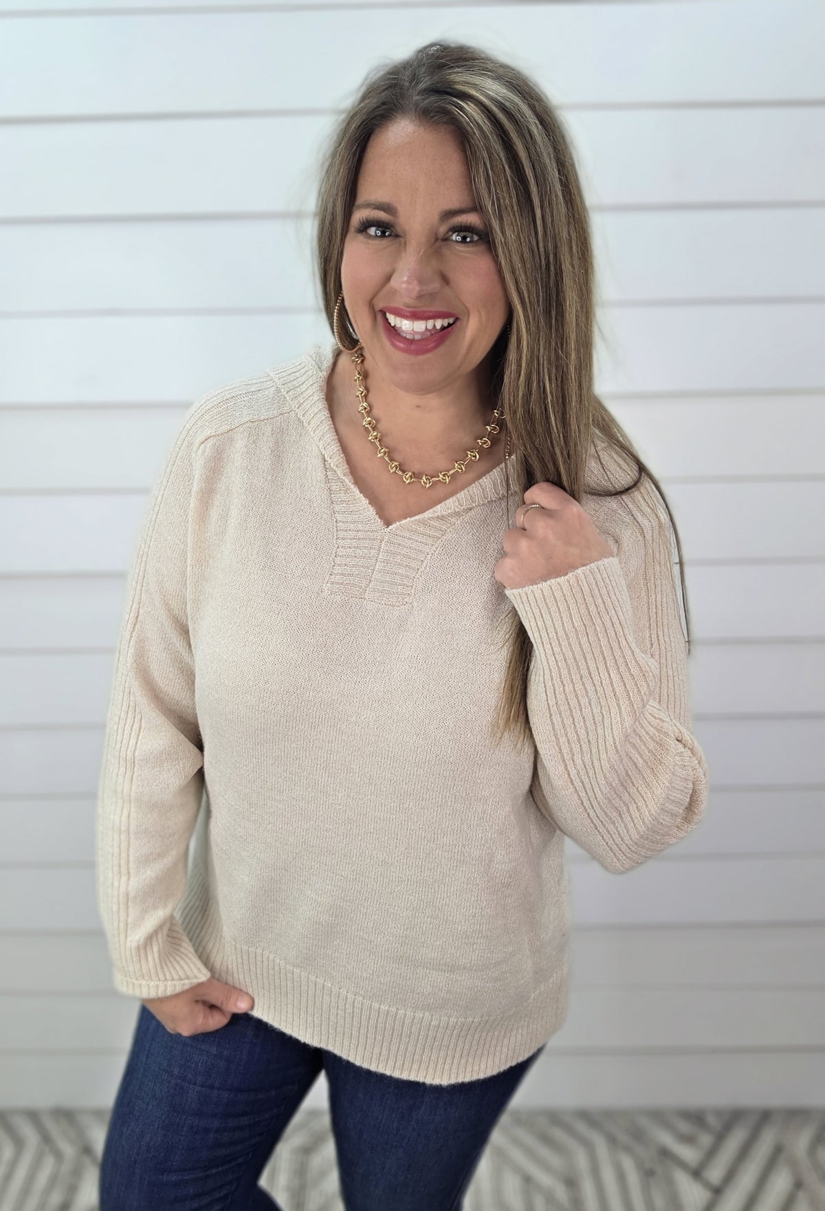 OATMEAL HOODED LIGTH WEIGHT RIBBED CONTRAST SWEATER