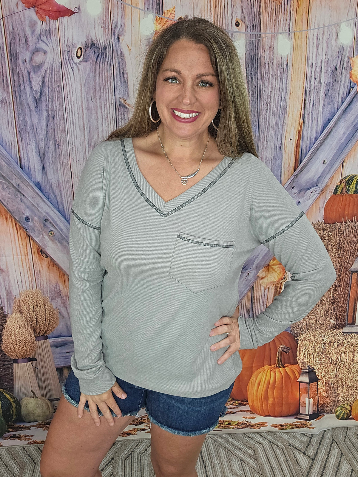 GREY BRUSHED RIBBED V NECK POCKET TOP