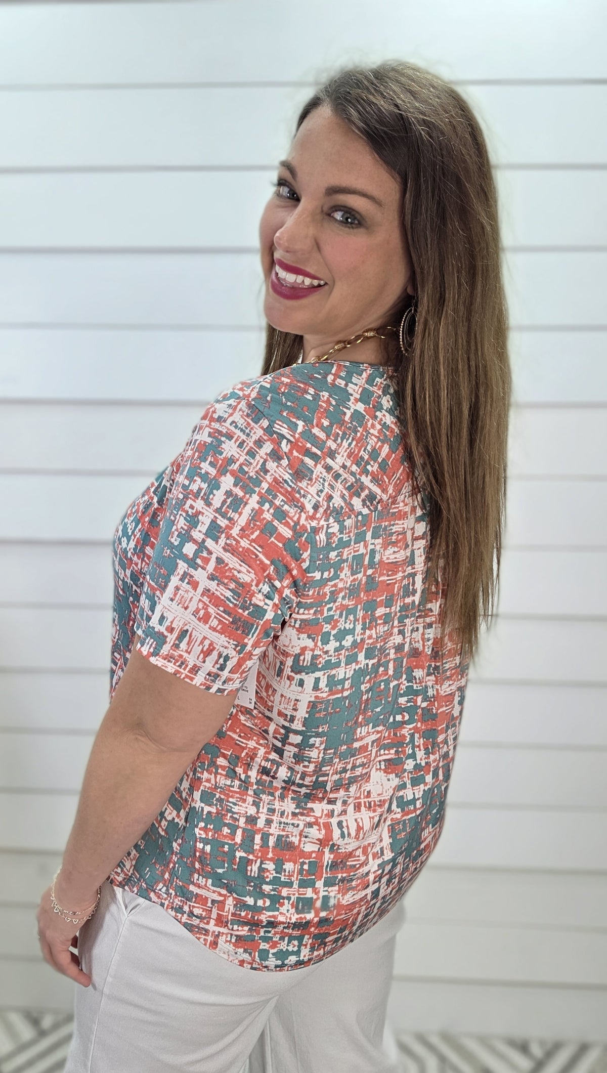 CORAL/SAGE PRINTED FAUX BUTTON KNIT TOP