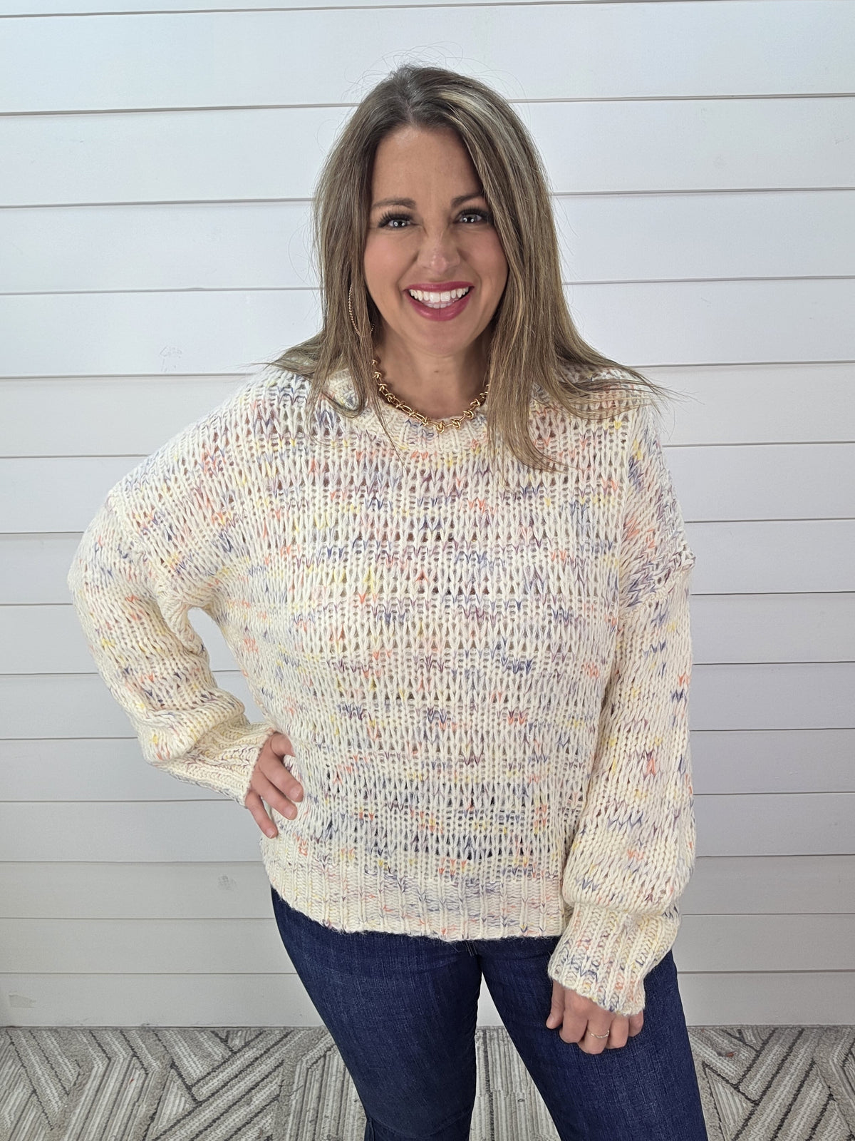 IVORY MULTI COLOR THREAD KNIT SWEATER