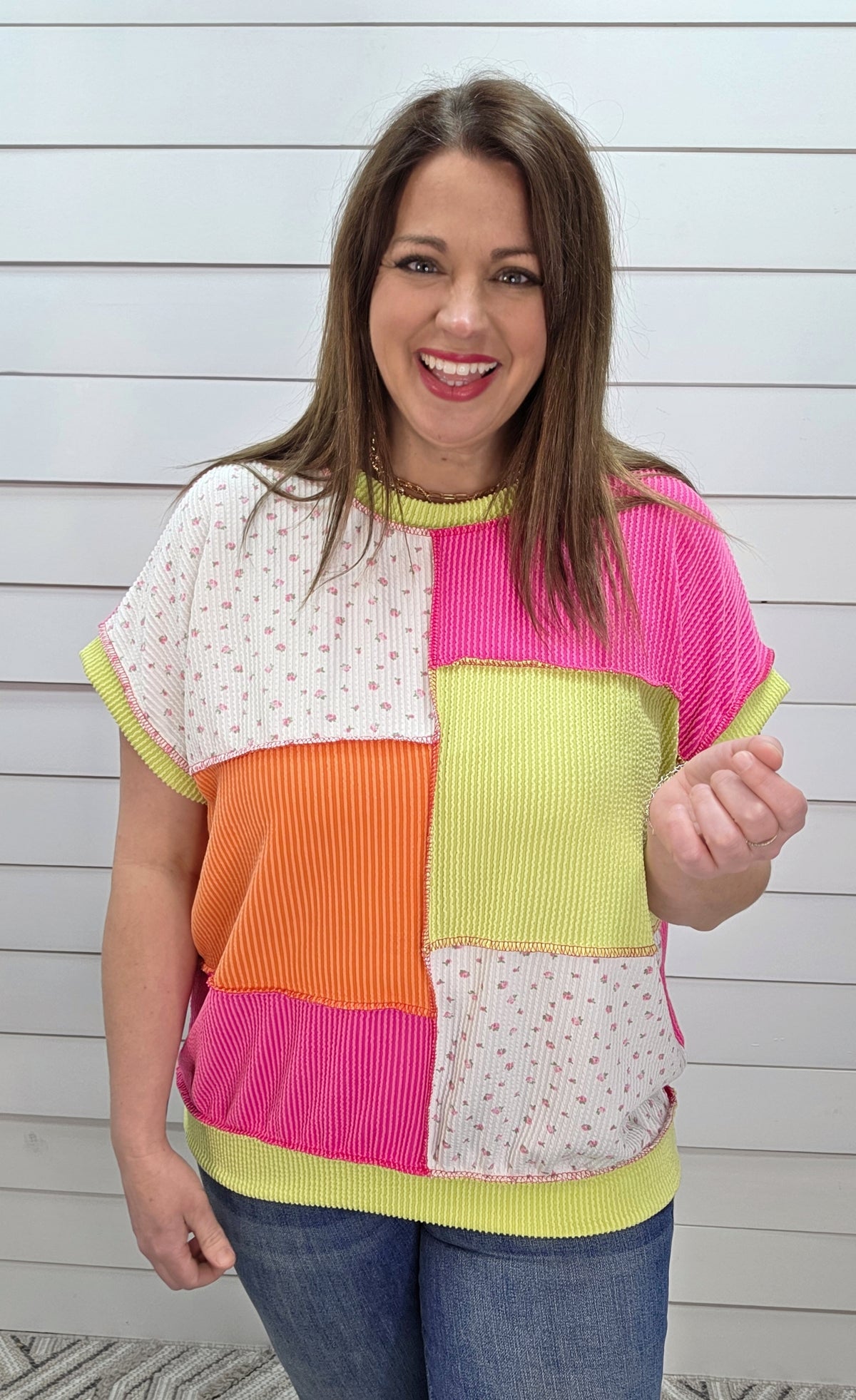 NEON COLORBLOCK RAISED RIBBED KNIT TOP W/ FLORAL TRIM