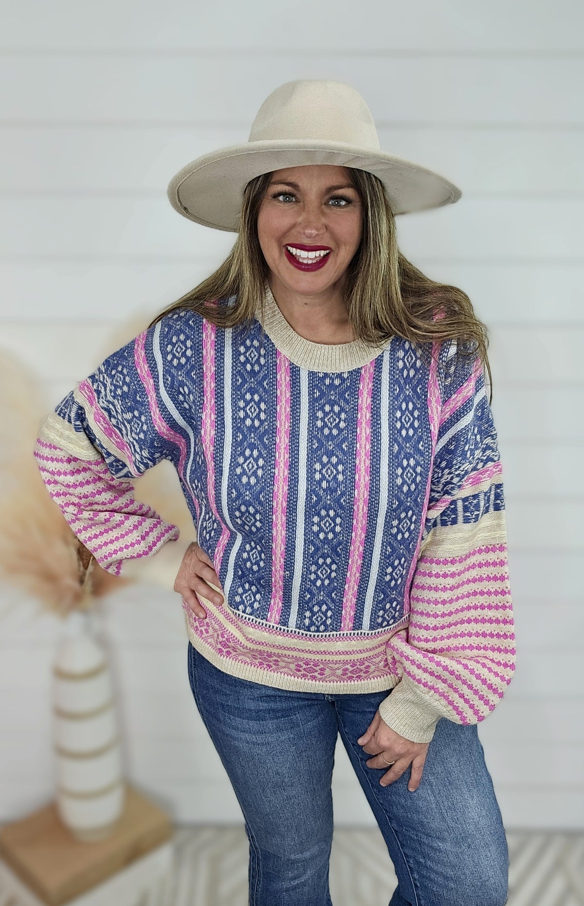 PINK/BLUE MIX KNIT PRINTED SWEATER