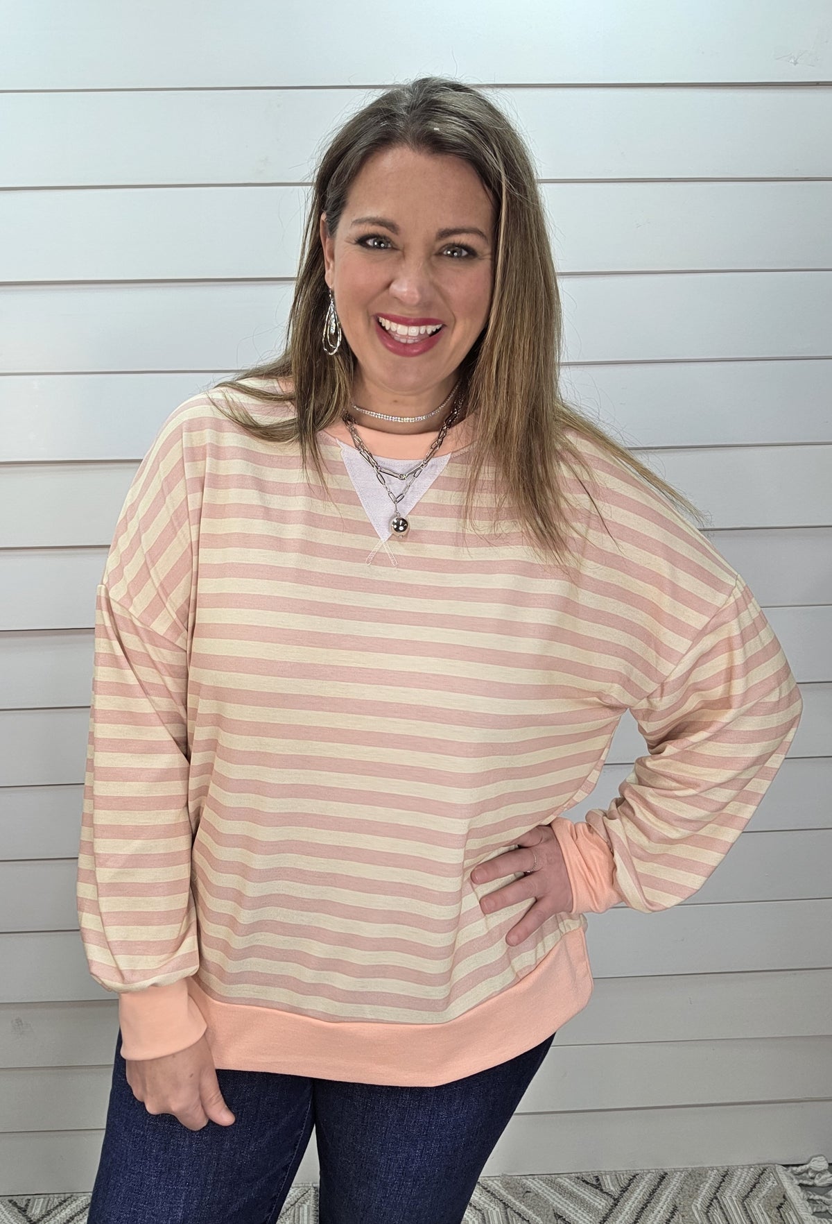 PINK/PEACH/OATMEAL STRIPED LOOSE FIT LONG SLEEVE KNIT TOP