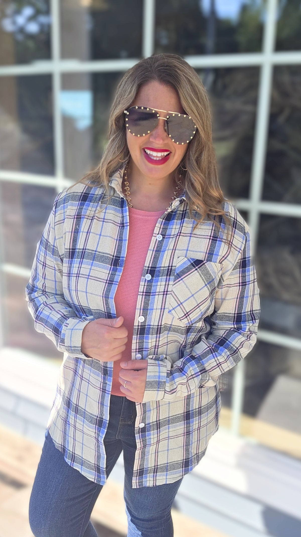 BEIGE/BLUE/PINK PLAID BUTTON UP TOP W/ ROLL UP SLEEVES