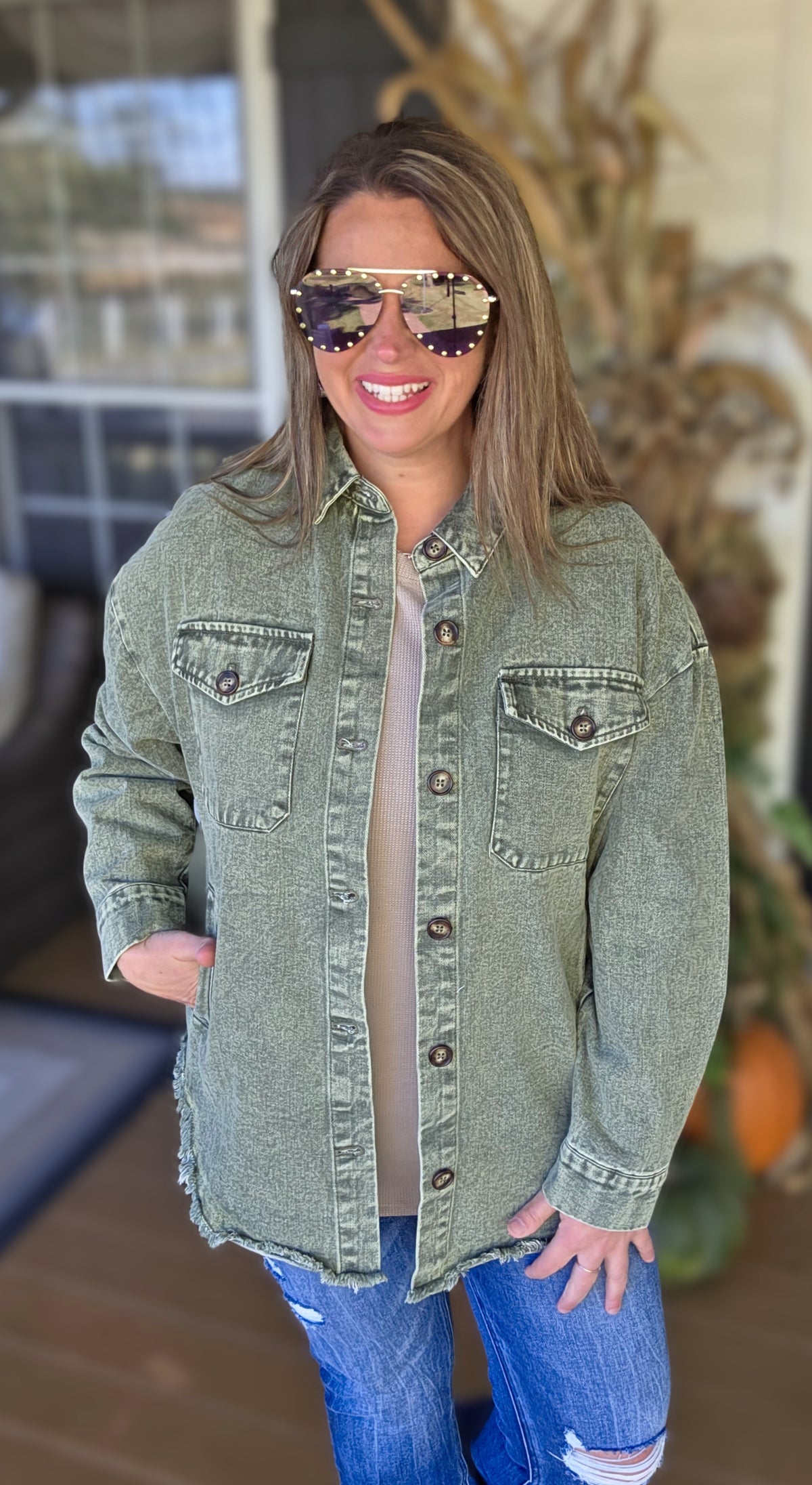 MINERAL WASH GREEN BUTTON DOWN OVERSIZED DENIM SHACKET