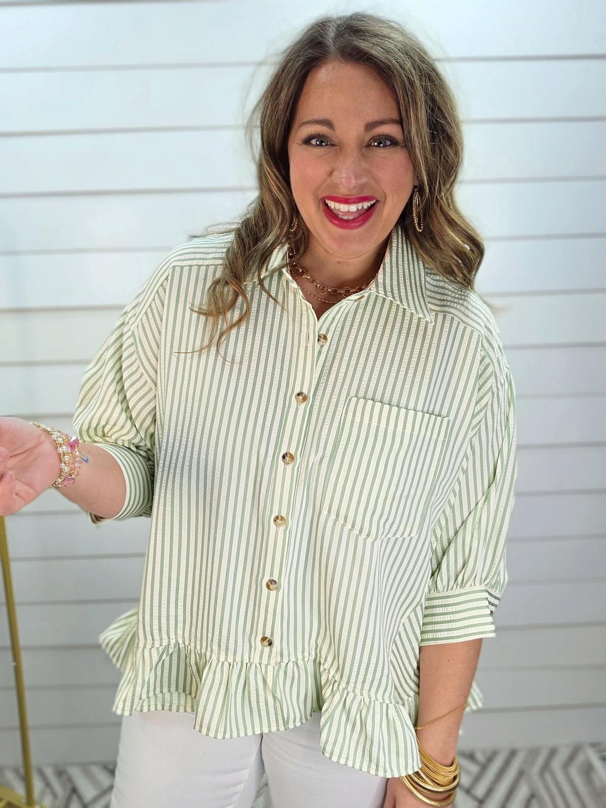 SAGE STRIPED BUTTON DOWN RUFFLE TOP